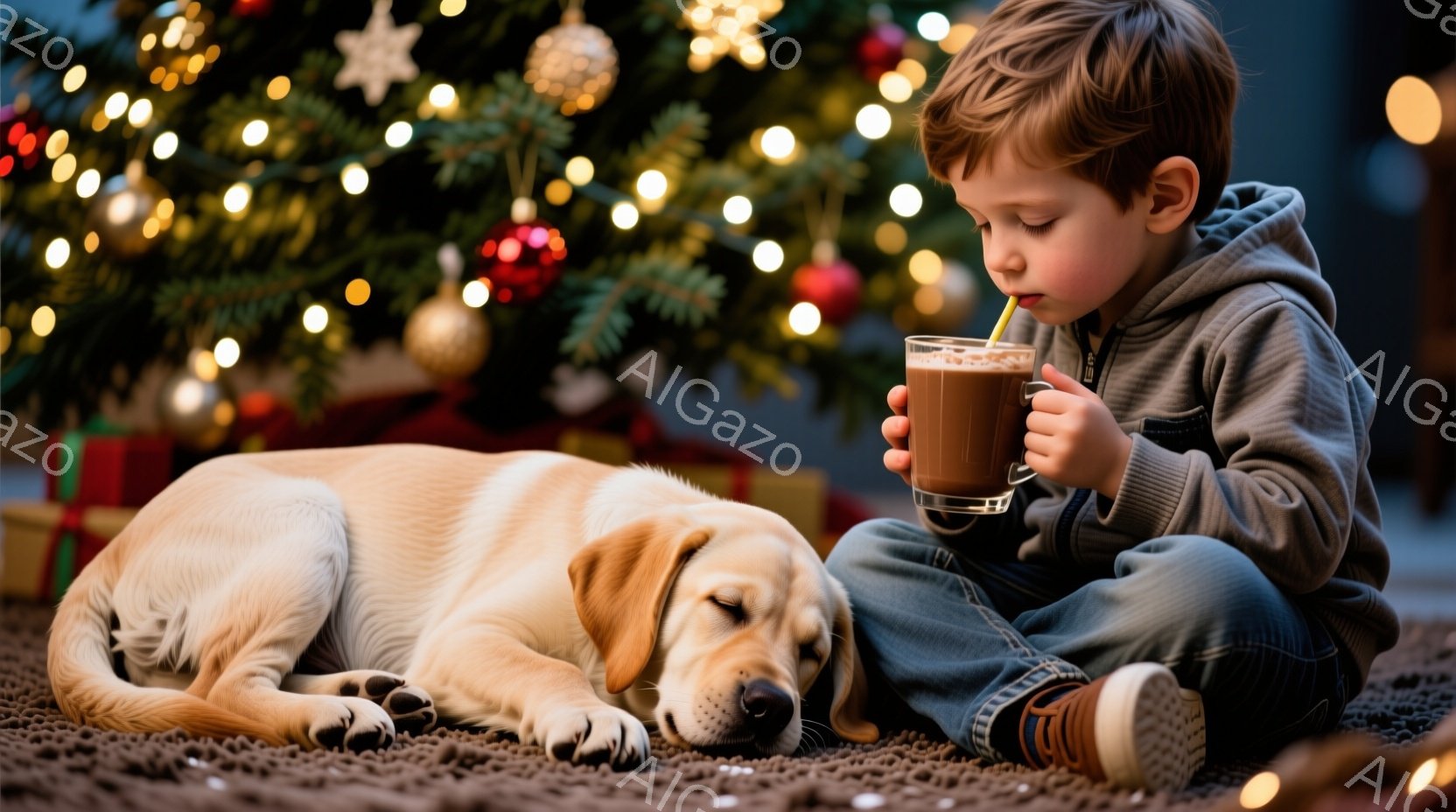 少年は床に座り、ストローを使ってココアのような飲み物を楽しんでいます。彼はジーンズとパーカーを着ており、少し伏し目がちで飲み物に集中しています。背景には、オーナメントで飾られたクリスマスツリーとプレゼントボックスがあり、横には愛らしい子犬が横たわってリラックスしています。