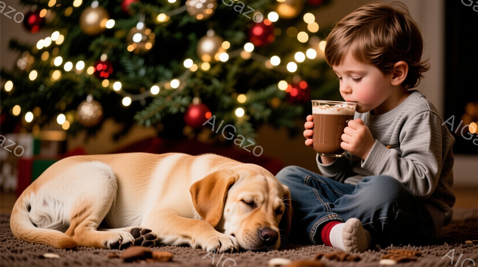 少年は、グレーのセーターとジーンズを身につけ、カーペットの上に座って、片手にホットチョコレートのような飲み物を楽しんでいます。金色のラブラドール・レトリバーが少年の横でうつ伏せになり、リラックスした様 - AI生成フリー素材