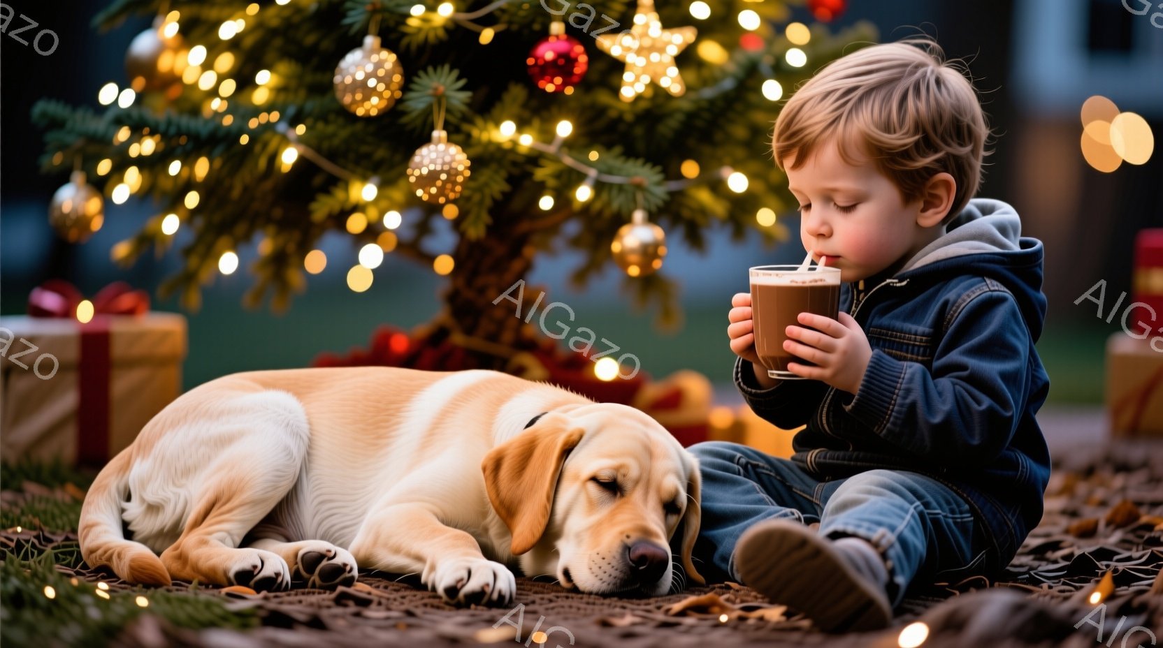 金髪の少年は、プレゼントが置かれたクリスマスツリーのそばで、膝を抱えて座り、ストローで何かを飲んでいます。隣には穏やかな表情で横たわるラブラドールレトリバーがおり、背景は暗く、ぼやけたクリスマスツリー - AI生成フリー素材