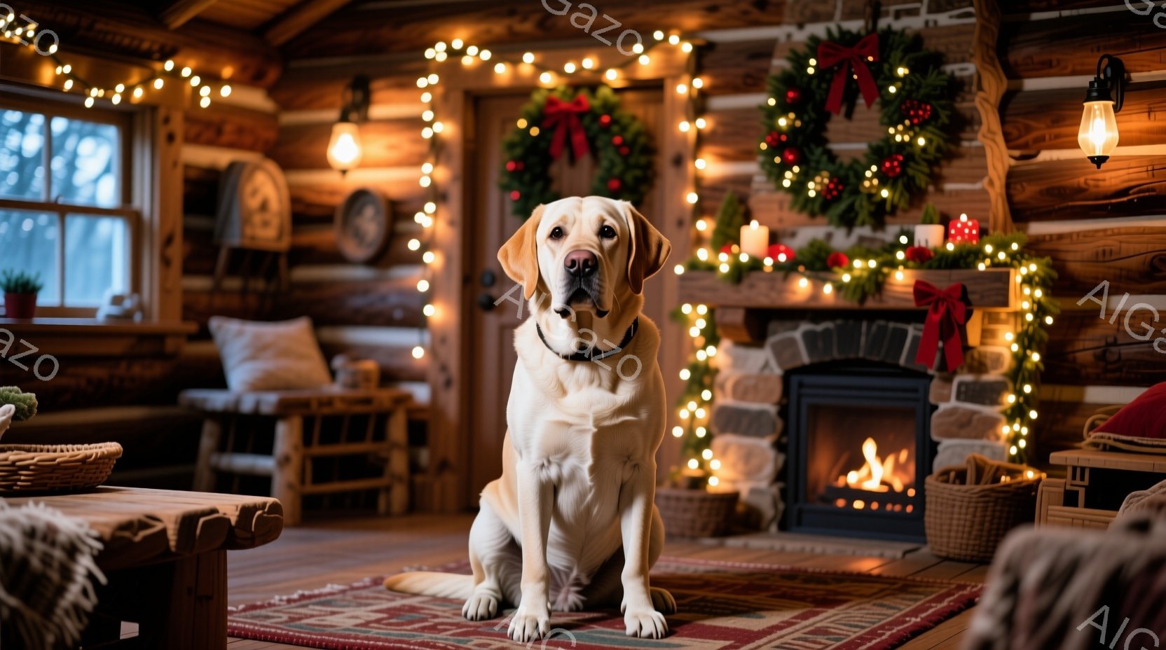 クリーム色のラブラドール・レトリバーが、暖炉のある木の家の中に座っています。犬は前足を揃えて座り、まっすぐカメラを見つめており、落ち着いた表情をしています。背景にはクリスマスデコレーションが施され、温 - AI生成フリー素材