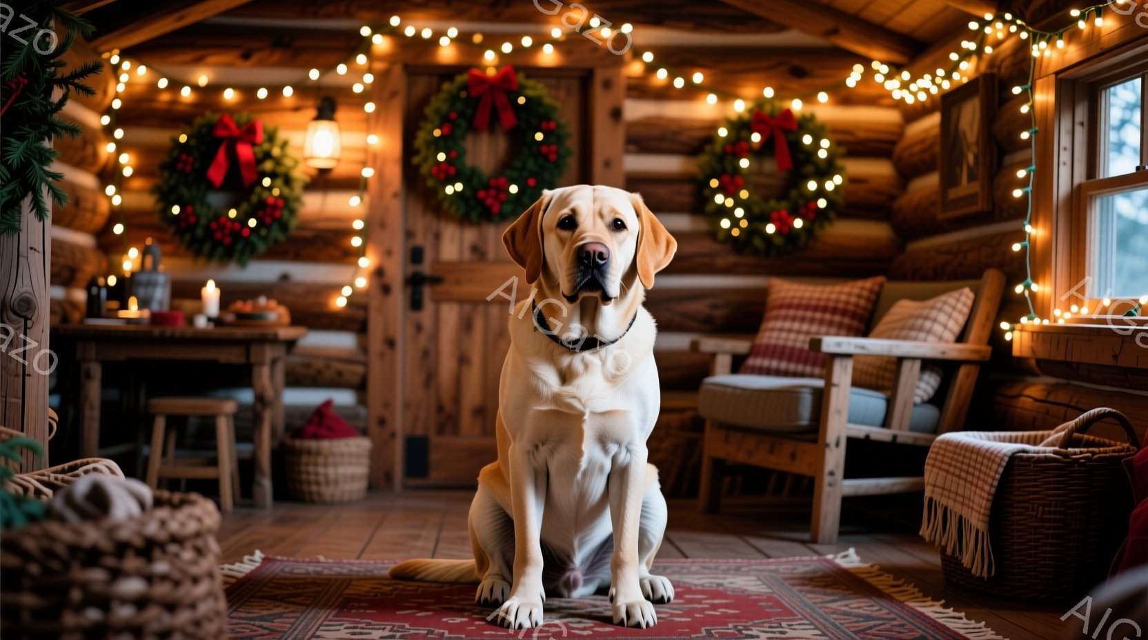 明るい毛並みのラブラドール・レトリバーが、赤いペルシャ絨毯の上で正面を向き、座っています。背景には、クリスマスの飾り付けがされた、暖炉のある木の家の内装が見え、温かい光が灯っています。全体的に、穏やか - AI生成フリー素材