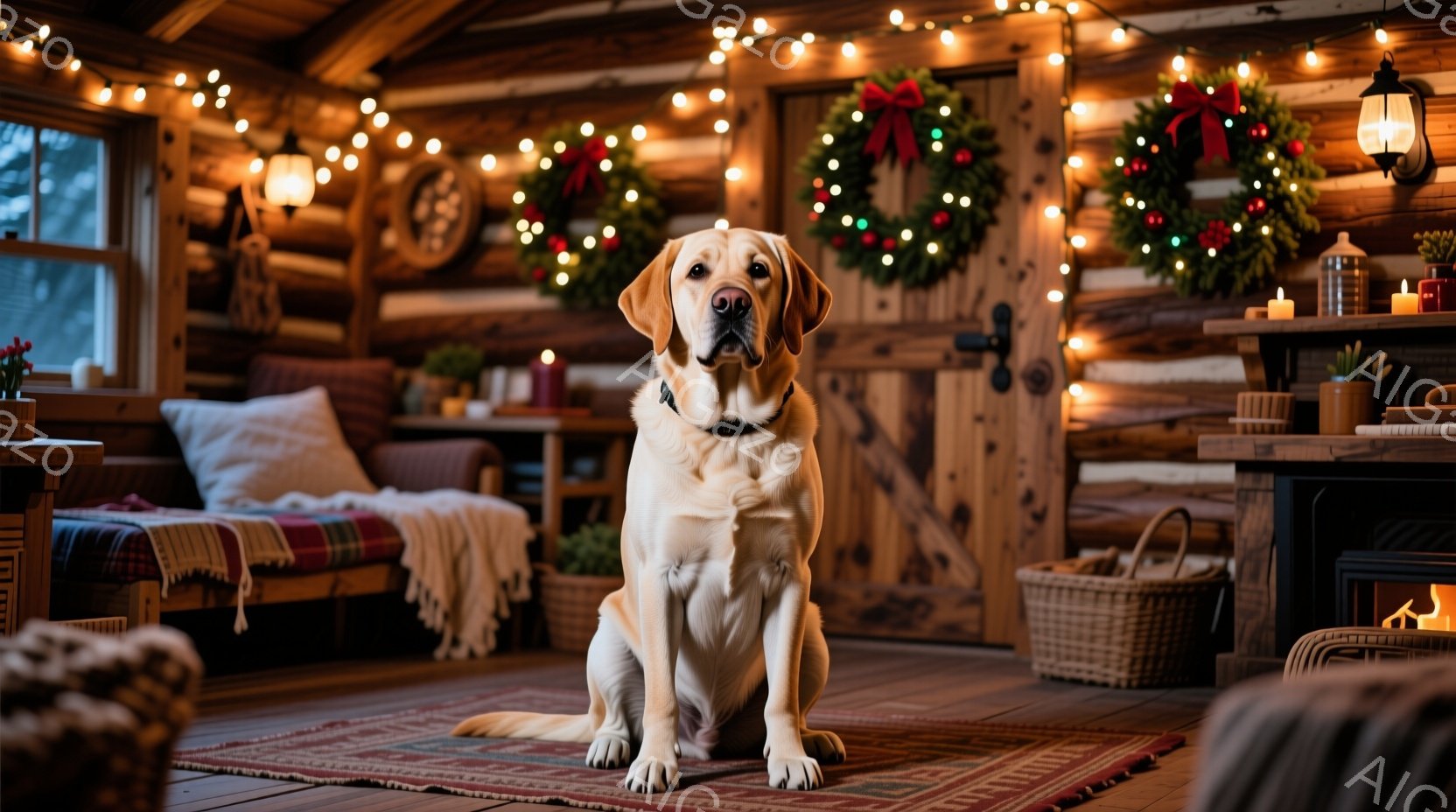 暖かいログハウスの室内で、クリーム色のラブラドール・レトリバーが正面を見て座っています。背景にはクリスマスリースが飾られたドアや、暖炉、様々な装飾が配置され、赤い敷物と木製の家具が温かみを演出していま - AI生成フリー素材