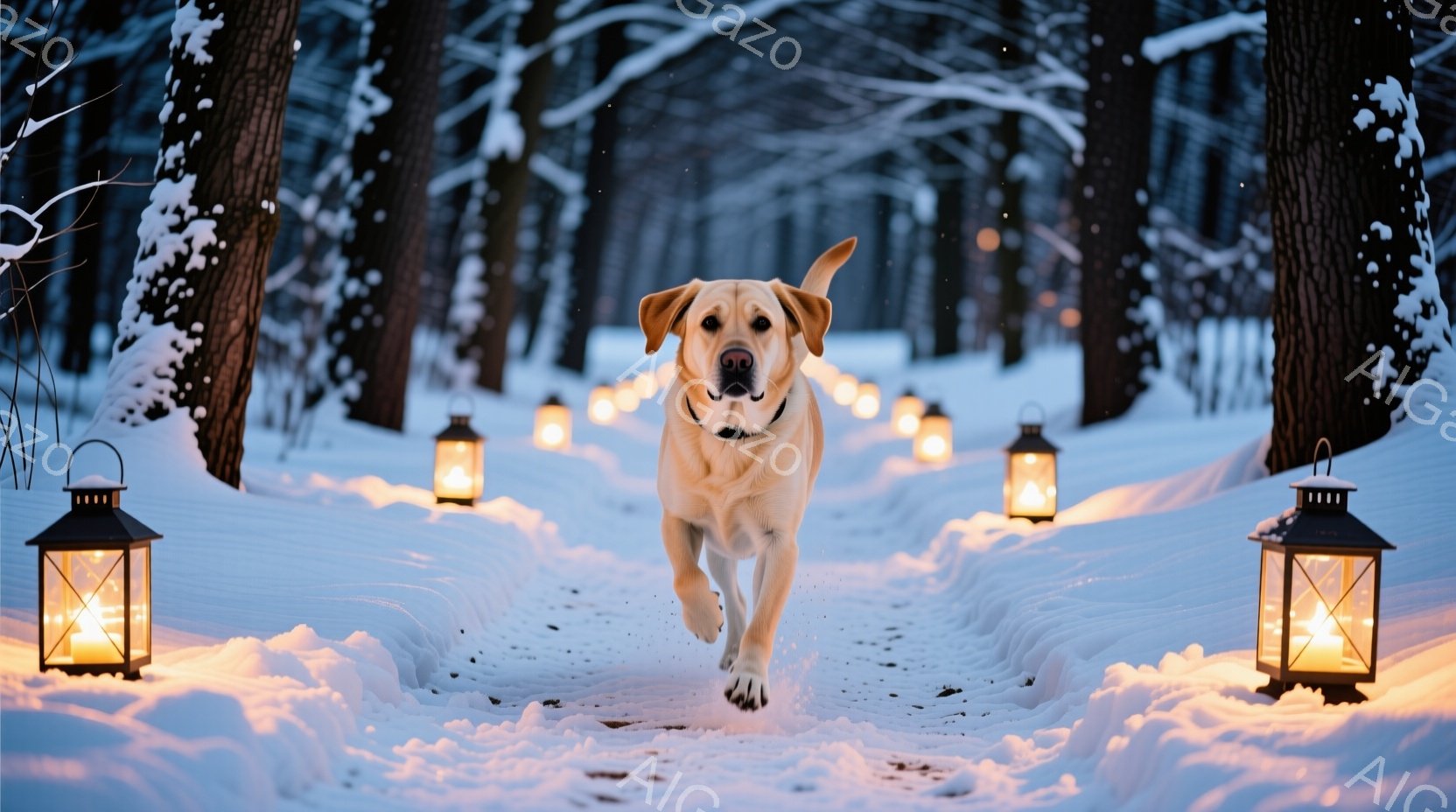 白い雪に覆われた森の中を、明るい毛並みのラブラドール・レトリバーが駆けている。両脇には灯りが灯ったランタンが並び、雪道に温かい光を投げかけている。全体的に幻想的で、冬の静寂と温もりを感じさせる雰囲気で - AI生成フリー素材