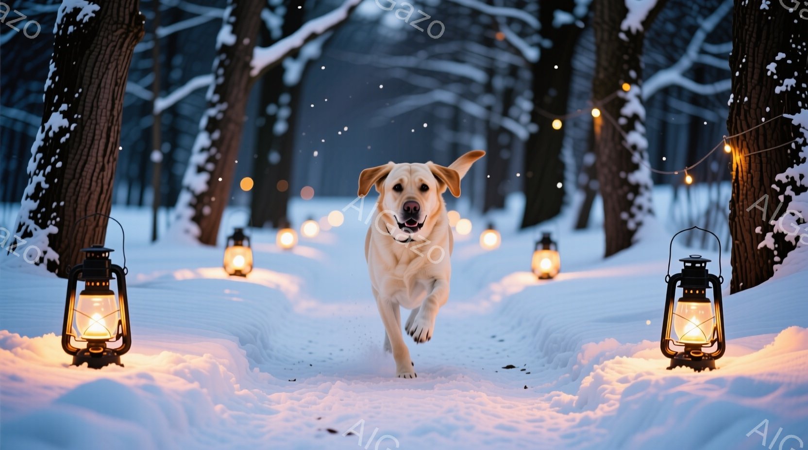 白い毛並みの犬が雪道の中を勢いよく走っている。両脇には暖かな光を放つランタンが並び、雪はふわりと降り積もっている。背景は雪で覆われた木々で、幻想的で温かい雰囲気を醸し出している。