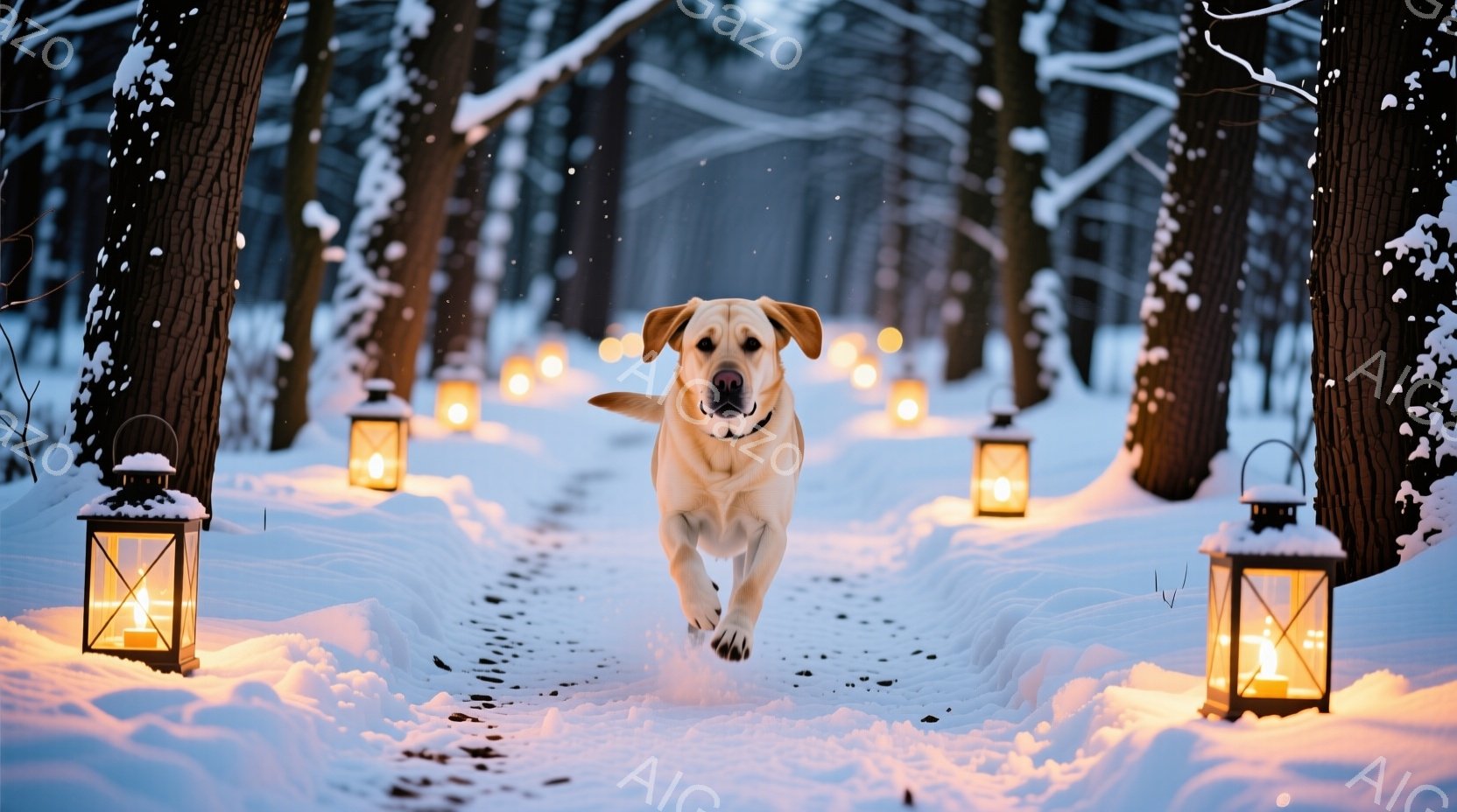 雪に覆われた森の道の中央を、明るいクリーム色のラブラドールレトリバーが疾走している。両脇には暖かく光るランタンが並び、雪の中の道に幻想的な光のトンネルを作り出している。全体的に静かで穏やかな雰囲気で、冬の魔法のような世界が表現されている。