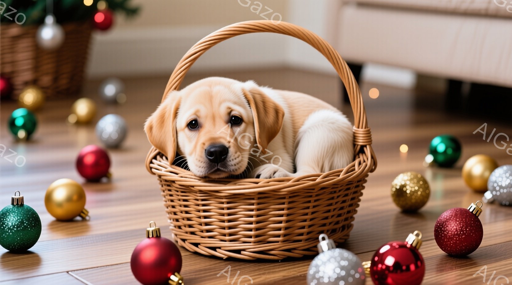 暖炉のあるフローリングの上に、編み製のバスケットに入った子犬がいます。子犬は明るいクリーム色で、リラックスした表情でバスケットの中で丸くなっています。背景には、様々な色のクリスマスオーナメントが散らばり、暖かくお祝いムードを演出しています。