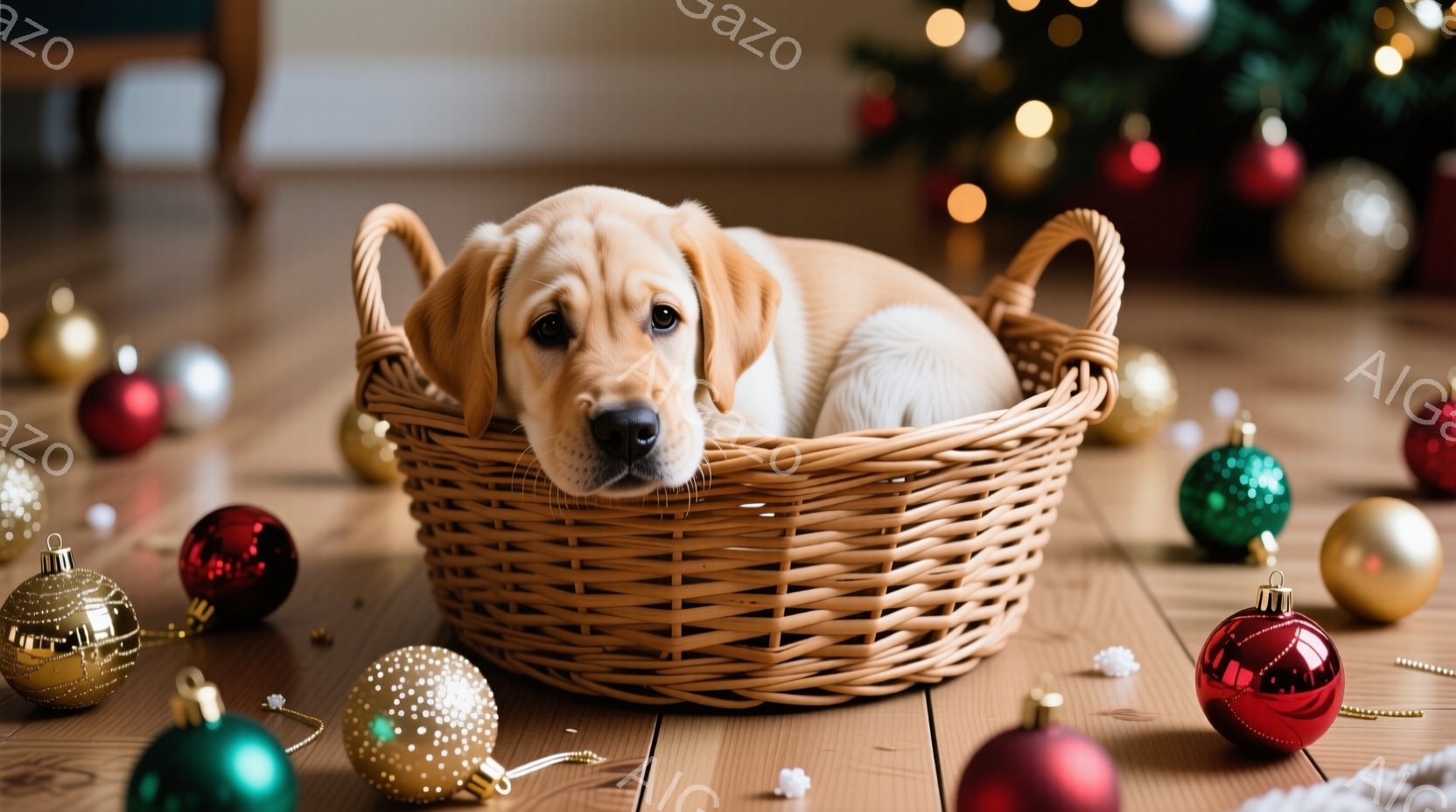 2匹のラブラドール・レトリバーが、クリスマスツリーの前に置かれた敷物の上で横たわっています。暖炉の中で火が燃えており、暖かく居心地の良い雰囲気を醸し出しています。背景には、プレゼントの箱が置かれた飾り - AI生成フリー素材