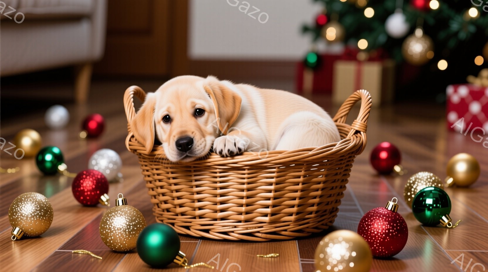明るい木製の床に、たくさんのクリスマスオーナメントが散らばっています。その中央には、編まれたバスケットの中に、小さなクリーム色のパピーが丸まって座っており、穏やかな表情でこちらを見ています。背景にはク - AI生成フリー素材