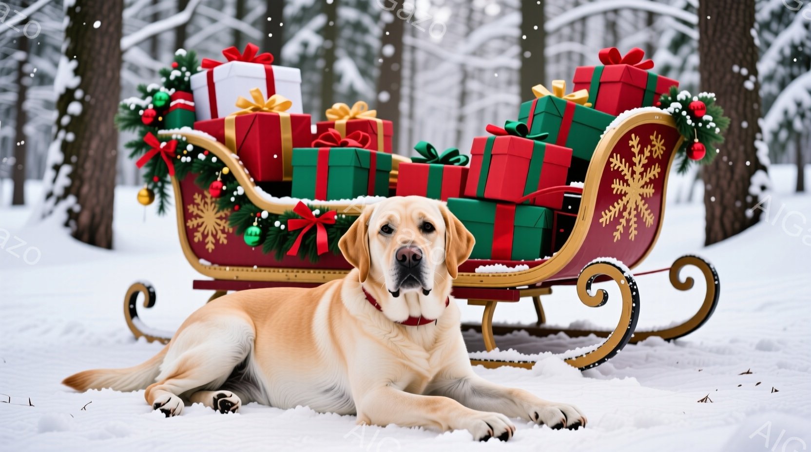 明るい毛並みのラブラドール・レトリバーが、雪の上に横たわっています。背景には、プレゼントでいっぱいの赤いそりが置かれ、緑の飾り付けが施されています。雪が舞う冬の森を背景に、温かく幸せなクリスマスの雰囲気が漂っています。