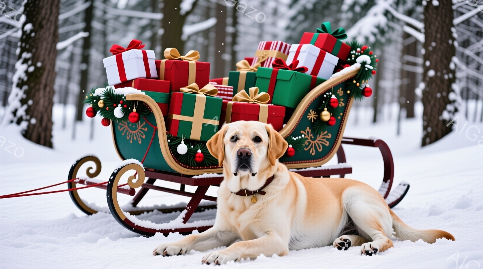 鮮やかな緑色のそりに、赤や金色の包装紙で飾られたプレゼントが山積みにされています。そりの隣には、明るい毛並みのラブラドールレトリバーが横たわり、穏やかな表情でこちらを見ています。背景は雪に覆われた森林 - AI生成フリー素材