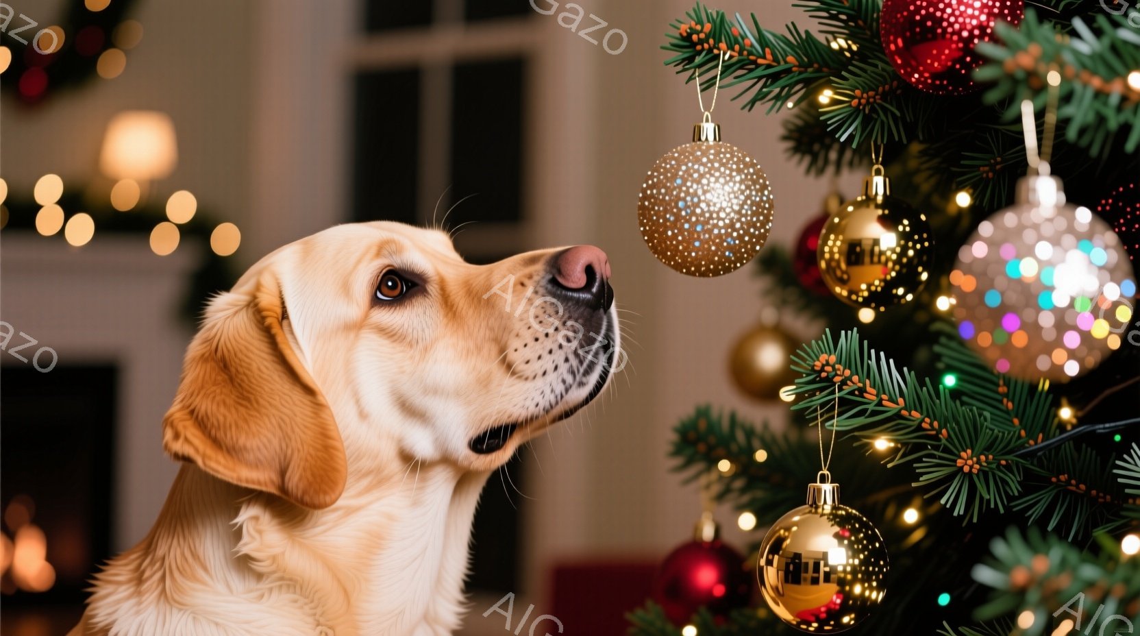 明るい毛並みのゴールデンレトリバーが、クリスマスツリーのオーナメントを見上げている様子が写っている。ツリーは様々な色のボールで飾られ、背景はぼかされているが暖炉とぼんやりとした光が確認できる。全体的に暖かく、お祝いムードにあふれた雰囲気である。