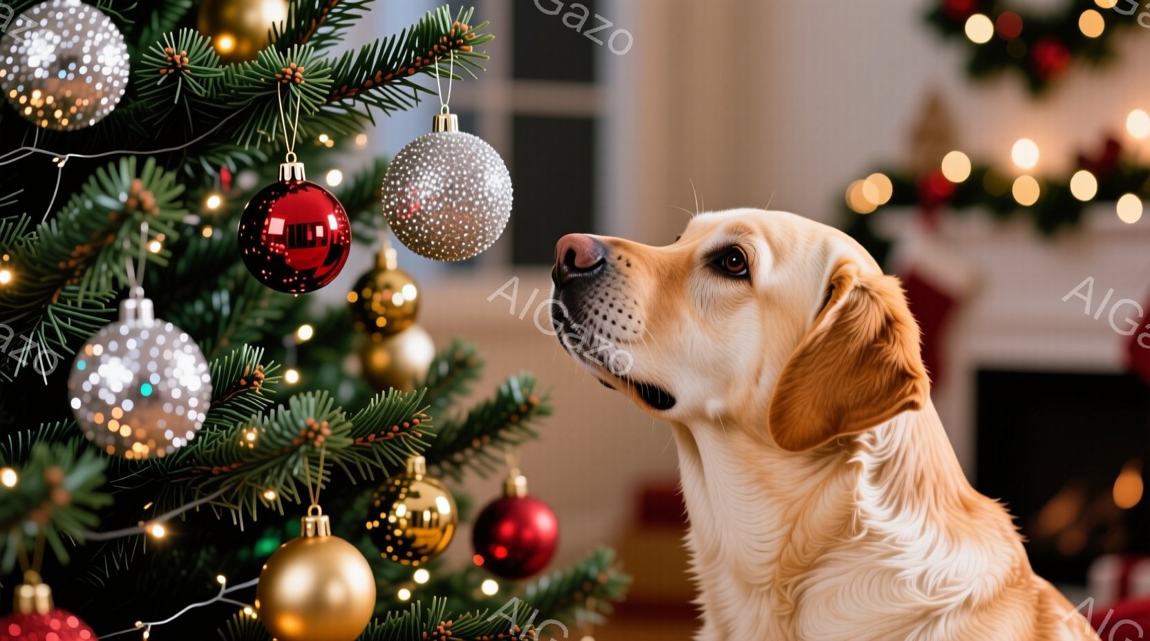 クリスマスツリーのそばで、明るい金色の毛並みを持つ犬が上を見上げています。ツリーには赤と銀のオーナメントが飾られており、犬はまるでそれらを興味津々に見つめているようです。背景にはぼやけた暖炉が見え、温 - AI生成フリー素材