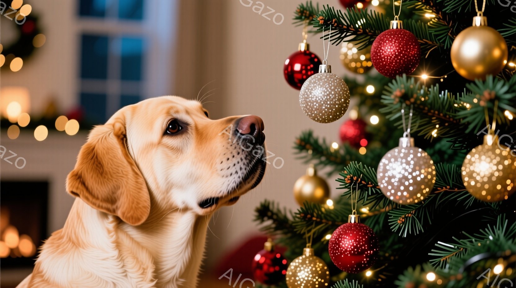 明るい毛並みのゴールデンレトリバーが、クリスマスツリーを見上げている様子が写っている。ツリーには赤や金、銀色のオーナメントが飾られており、背景はぼやけて暖かな光に包まれている。全体的に温かく、穏やかな - AI生成フリー素材
