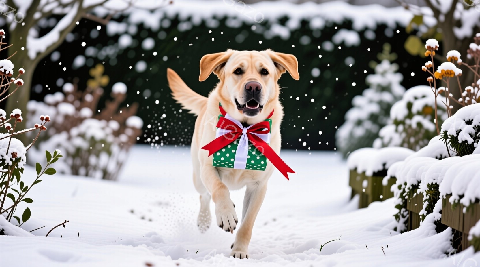 雪景色の中、プレゼントのリボンを首につけたゴールデンレトリバーが走り去る姿が写っています。犬は口を開けて楽しそうに走り、その表情は非常に幸せそうです。背景には雪に覆われた低木や柵があり、冬の暖かくお祝 - AI生成フリー素材