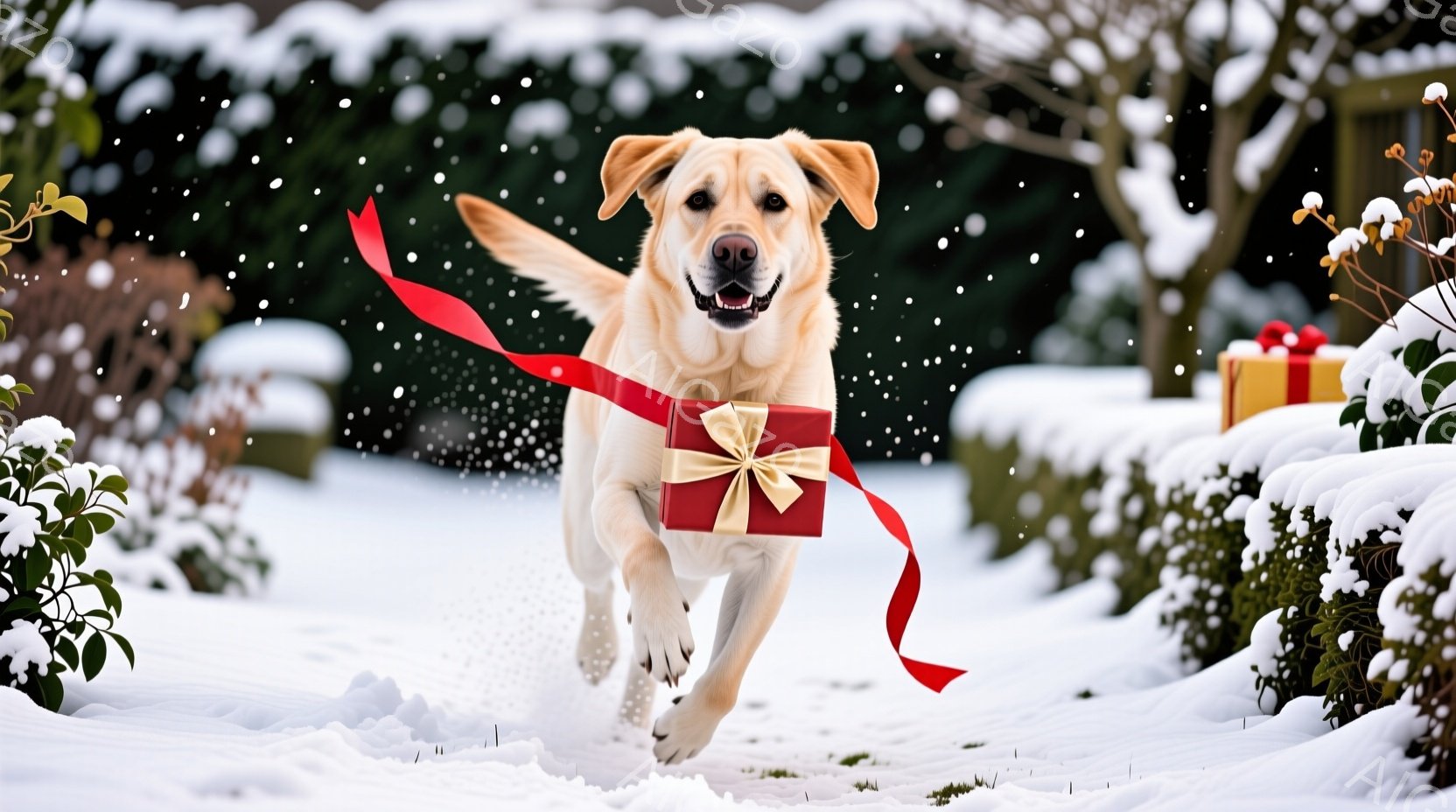 白い毛並みのラブラドール・レトリバーが、赤いリボンと大きな赤いギフトボックスをくわえて雪の上を元気に走り去っています。背景には雪をまとった低木があり、冬の暖かく幸せな雰囲気を醸し出しています。雪が舞い散る中、犬は喜びにあふれた表情で、まるでプレゼントを届ける使命を帯びているかのようです。