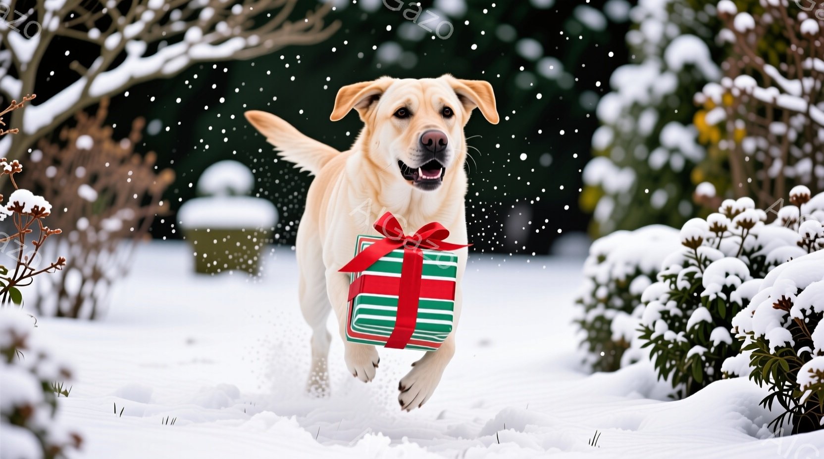雪景色の中を、緑と赤のリボンで飾られたプレゼントを口にくわえたゴールデンレトリバーが走り去る姿が捉えられています。犬は嬉しそうな表情で、雪を踏みしめながら勢いよく前へ進んでいます。背景には雪に覆われた低木があり、冬の暖かく楽しい雰囲気を醸し出しています。