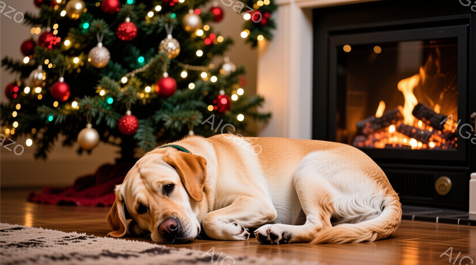 明るい黄色のラブラドールレトリバーが、暖炉の前にあるカーペットの上で横たわっています。犬はリラックスした表情で、少し憂いを帯びた目をしており、まるで暖炉の火を見つめているようです。背景にはクリスマスツ - AI生成フリー素材