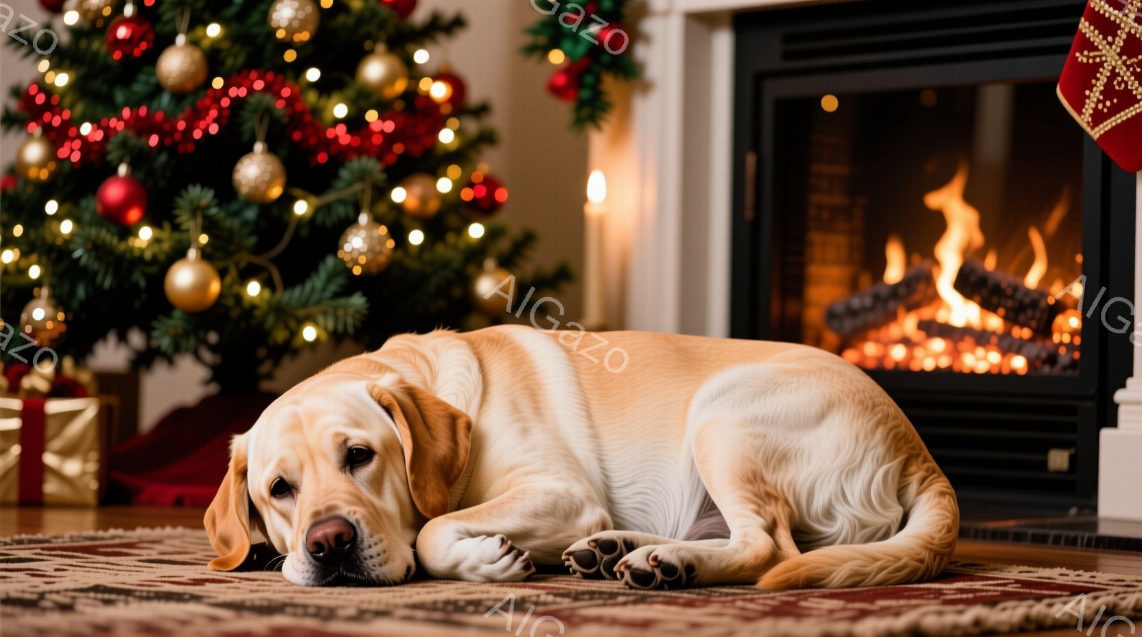 明るい毛並みのラブラドール・レトリバーが、赤い模様のラグの上に横たわっています。背景にはクリスマスツリーと暖炉があり、暖かな光が室内を照らしています。リラックスした雰囲気の中で、犬は穏やかにくつろいで - AI生成フリー素材