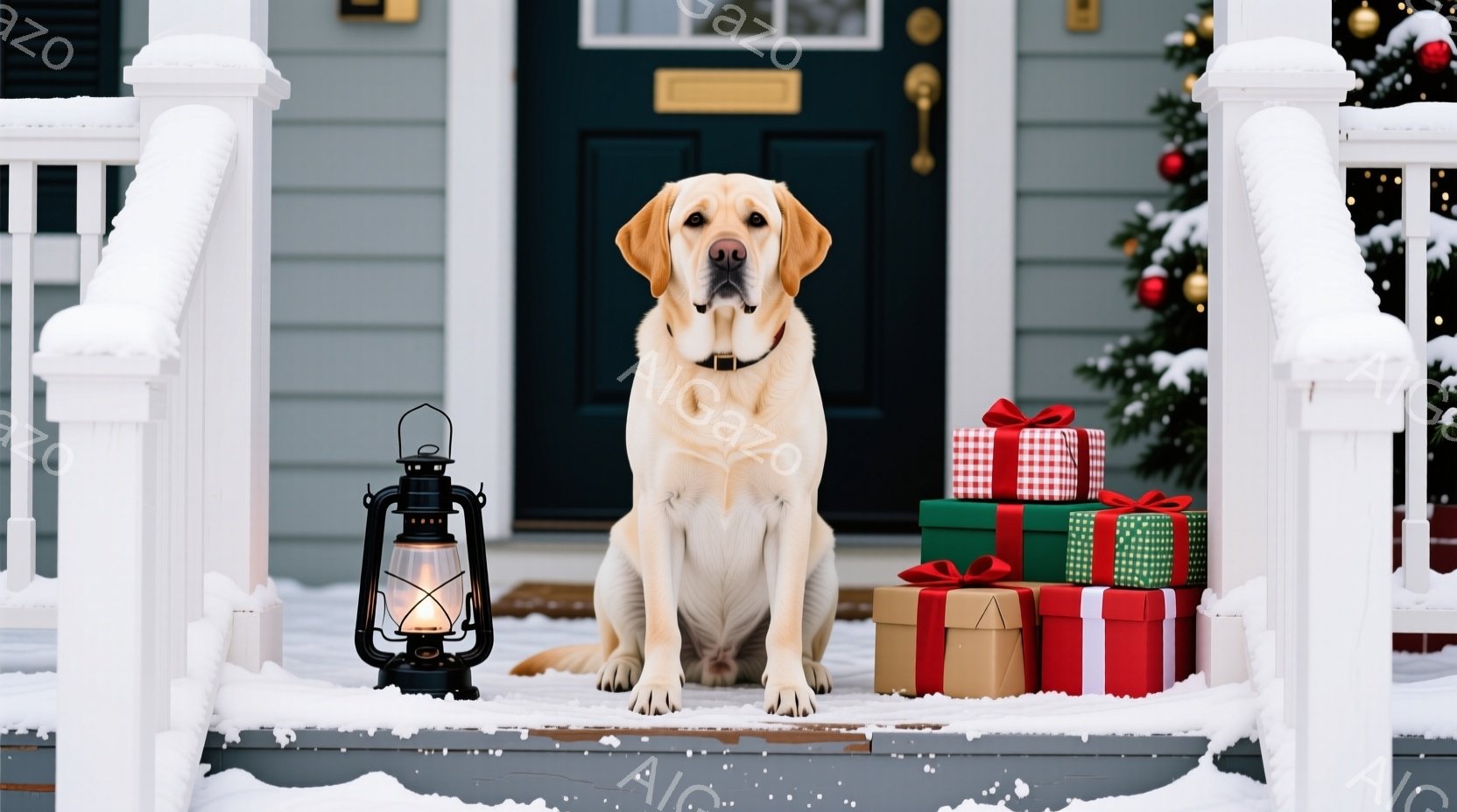 白い毛並みのラブレット・レトリバーが、家の玄関ポーチに座って正面を見つめています。その前には、赤、緑、金色のリボンで飾られたプレゼントの山が積み重ねられています。背景は雪が降る冬の風景で、玄関は飾り付 - AI生成フリー素材