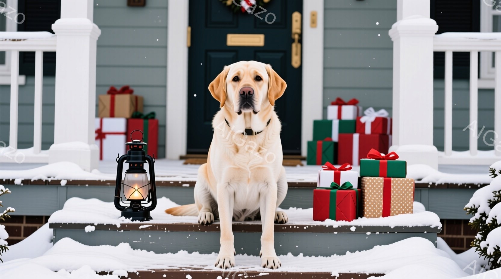 白い階段に座ったクリーム色のラブラドール・レトリバーが正面を見つめている。背景には、クリスマスプレゼントの山と、装飾された玄関ドアがあり、雪が降る冬の穏やかな雰囲気を醸し出している。犬は首輪を付けてお - AI生成フリー素材