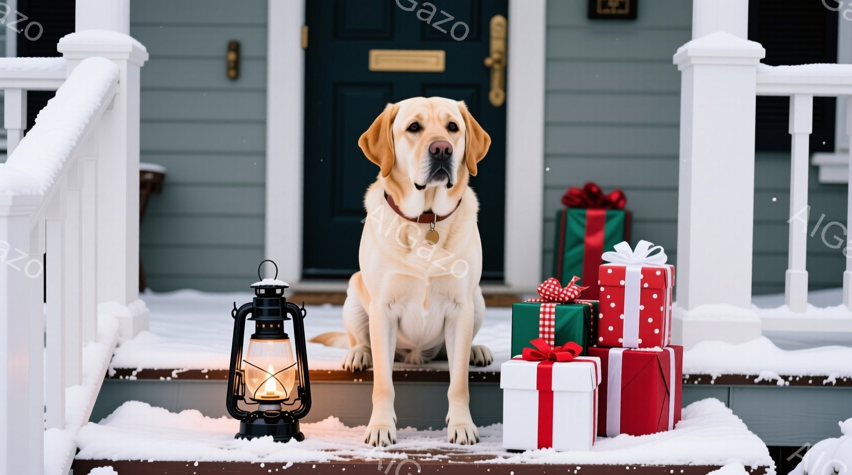 白い雪が降り積もる家の階段に、明るい毛並みのゴールデンレトリバーが座っています。赤い首輪をつけ、まっすぐ前を見つめており、その表情は穏やかで賢そうです。背景には、緑と赤のプレゼントの山が積まれ、温かい - AI生成フリー素材