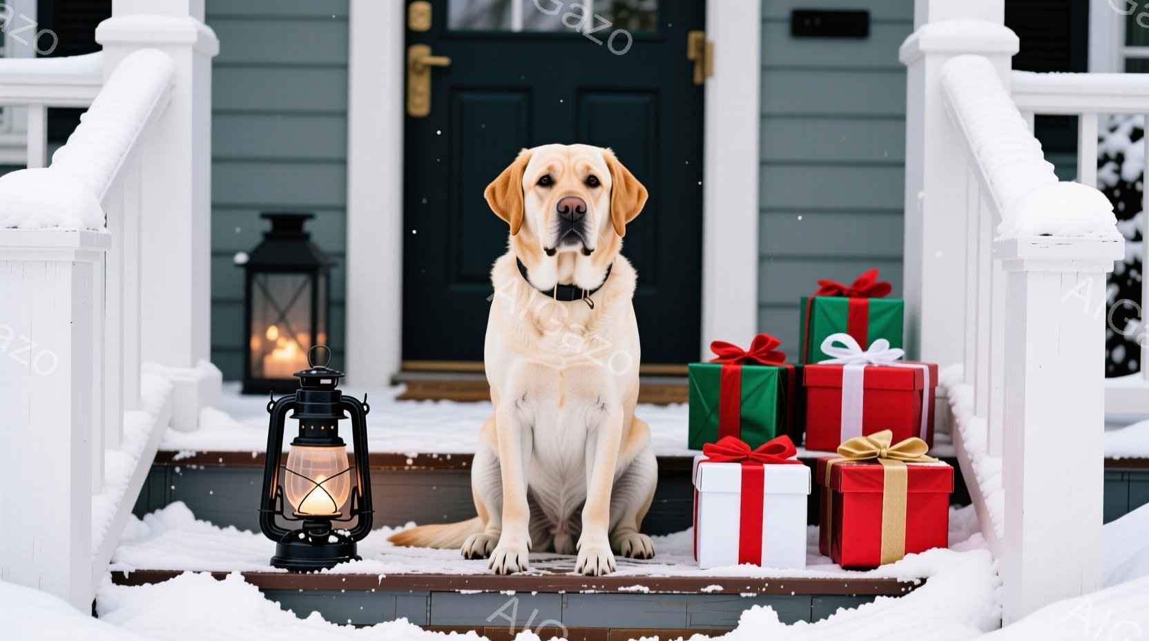 白い毛並みのラブラドール・レトリバーが、雪で覆われた家の階段に座っています。その周りには、赤、白、緑のリボンで飾られたプレゼントの箱が積み重ねられており、背景には暗い木製のドアと雪が降る様子が見えます - AI生成フリー素材