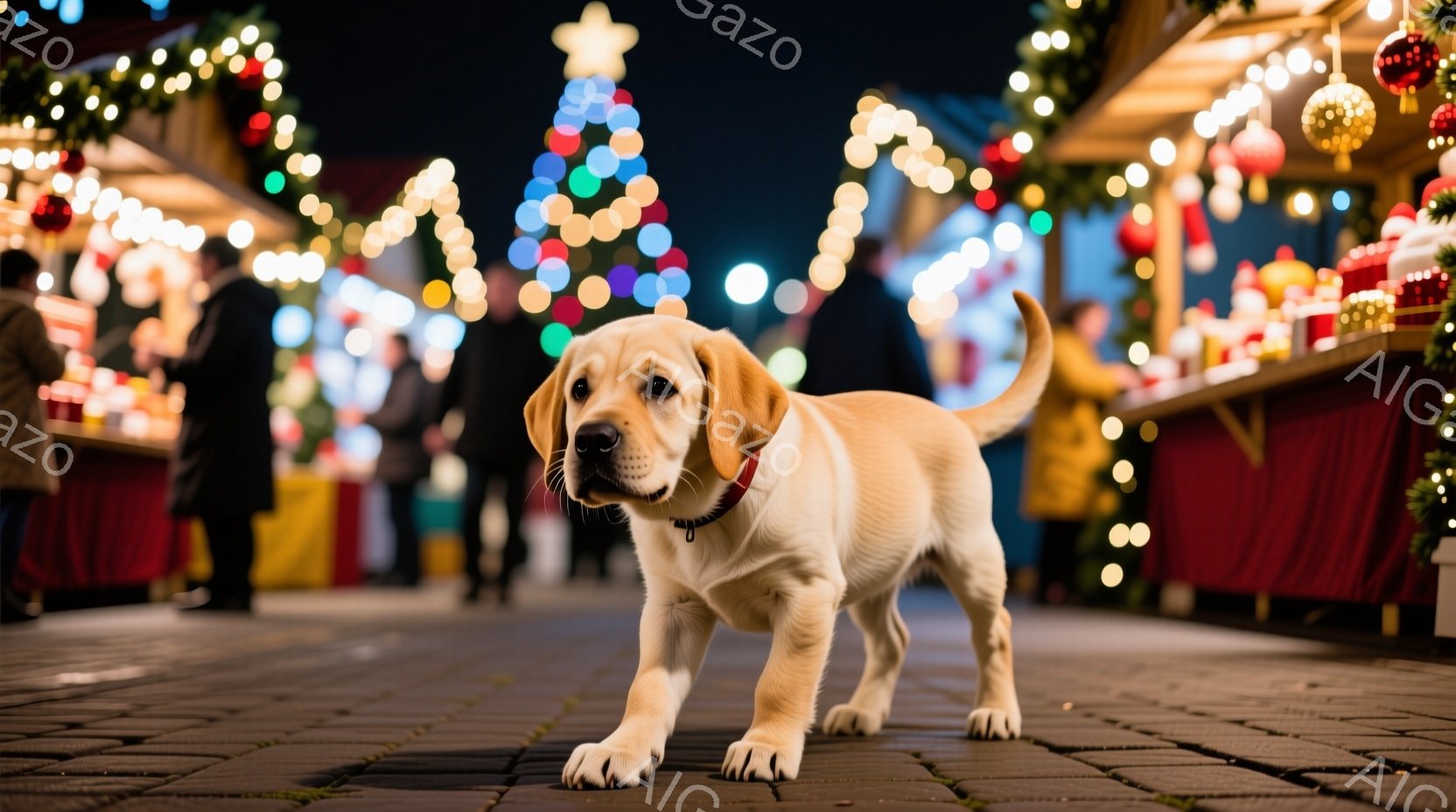 明るいクリーム色のラブラドールの子犬が、石畳の道の中央をまっすぐ歩いている。背景には、色とりどりのクリスマスライトで飾られた屋台が並び、多くの人がぼやけて写っている。全体的に、クリスマスマーケットの華やかな雰囲気と、子犬の可愛らしさが組み合わさった、温かく、活気のある光景である。