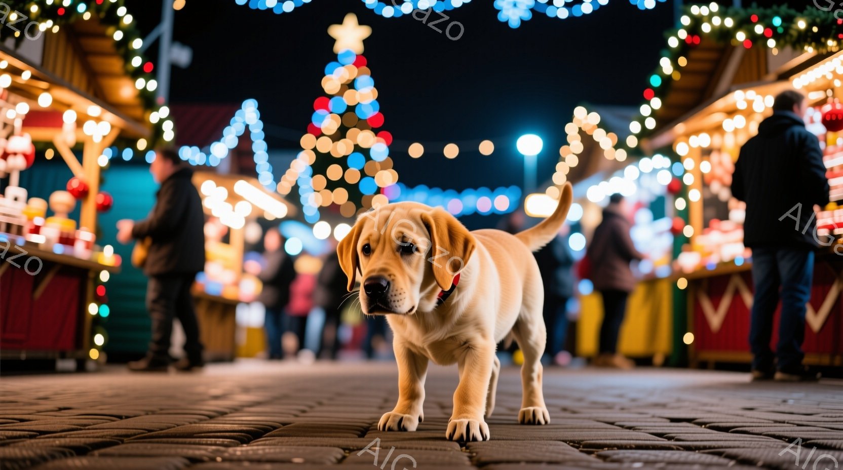 舗装された道の上に、明るいクリーム色のラブラドールの子犬が歩いており、カメラの方を見ています。背景にはクリスマスマーケットのような賑やかな光景が広がり、多くの人々が温かい光に包まれた屋台の間を歩き回っています。全体的に、温かく、お祭り騒ぎのような、そして子犬の愛らしさが際立つ雰囲気です。