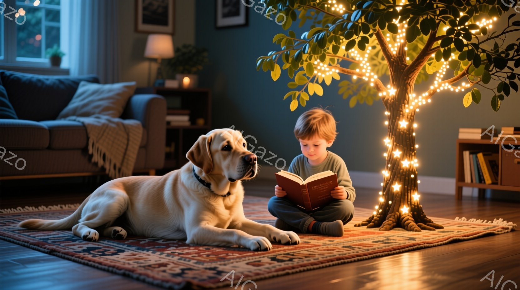少年は敷物の上で本を読み、隣には優しい表情のラブラドール犬が横たわっています。部屋は暖色系の照明で照らされ、背景には本棚やソファが見え、壁には絵が飾られています。全体的に、温かく穏やかな家庭的な雰囲気 - AI生成フリー素材