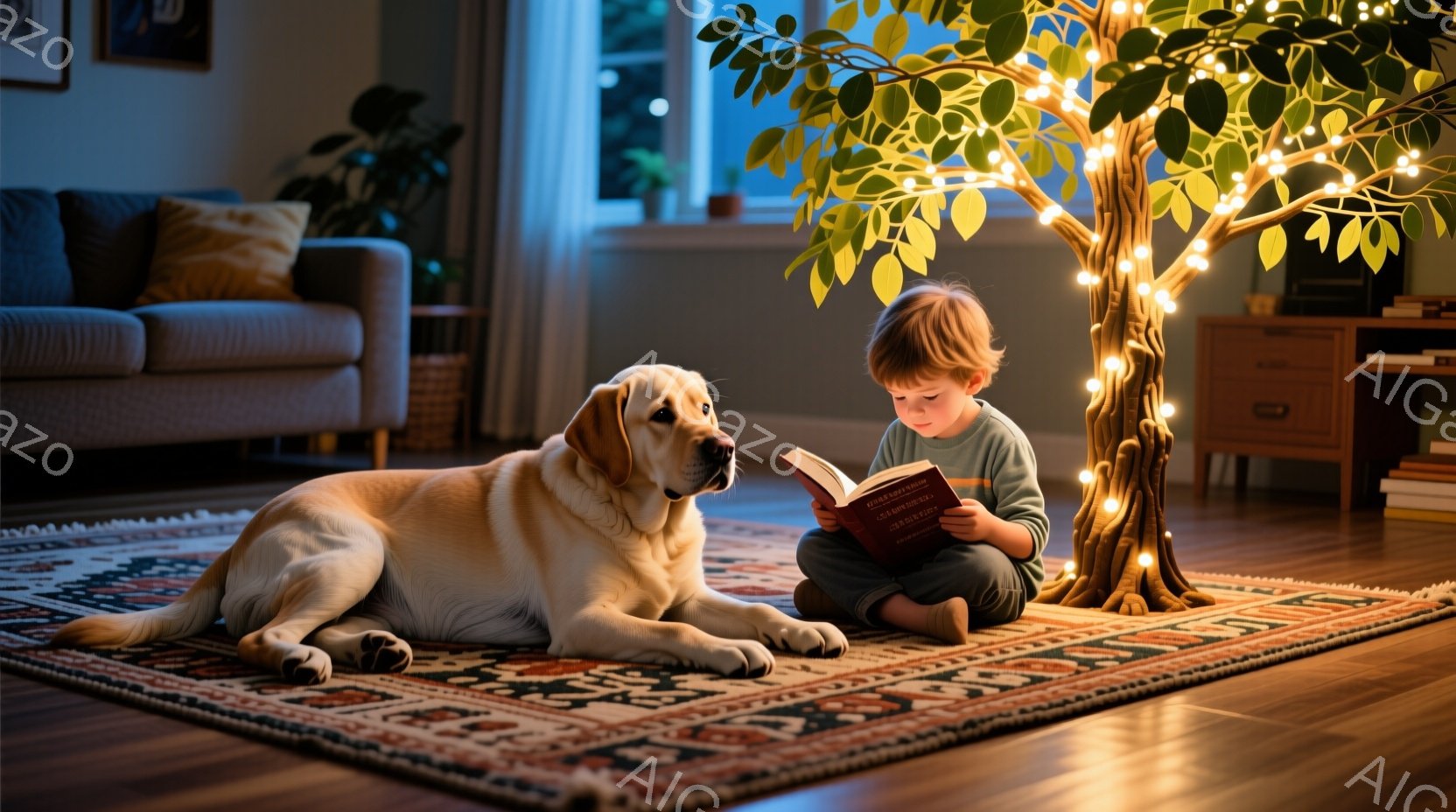 少年は色とりどりの絨毯の上で本を読み、隣にはリラックスした表情で横たわるゴールデンレトリバーがいる。少年は灰色のズボンを着用し、茶色の髪は少し無造作に整えられている。背景には、電気で飾られた木と、暖色 - AI生成フリー素材
