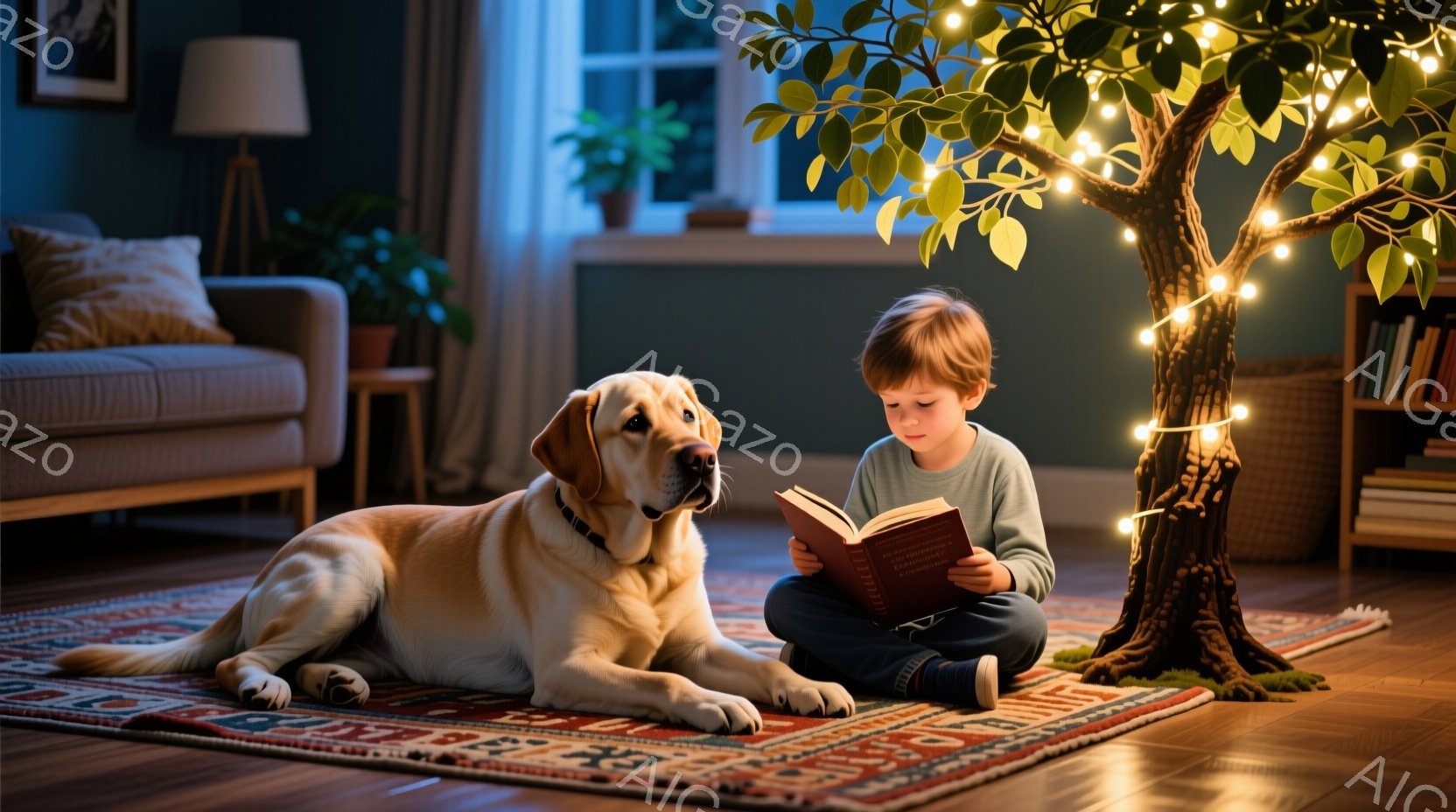 茶色い敷物の上で少年が本を読み、隣には穏やかな表情をしたゴールデンレトリバーが横たわっています。少年は濃い色のズボンと長袖のシャツを着ており、犬は赤い首輪をしています。背景には、植物や本棚のある居間が見え、クリスマスの飾り付けがされた木が暖かく優しい雰囲気を醸し出しています。