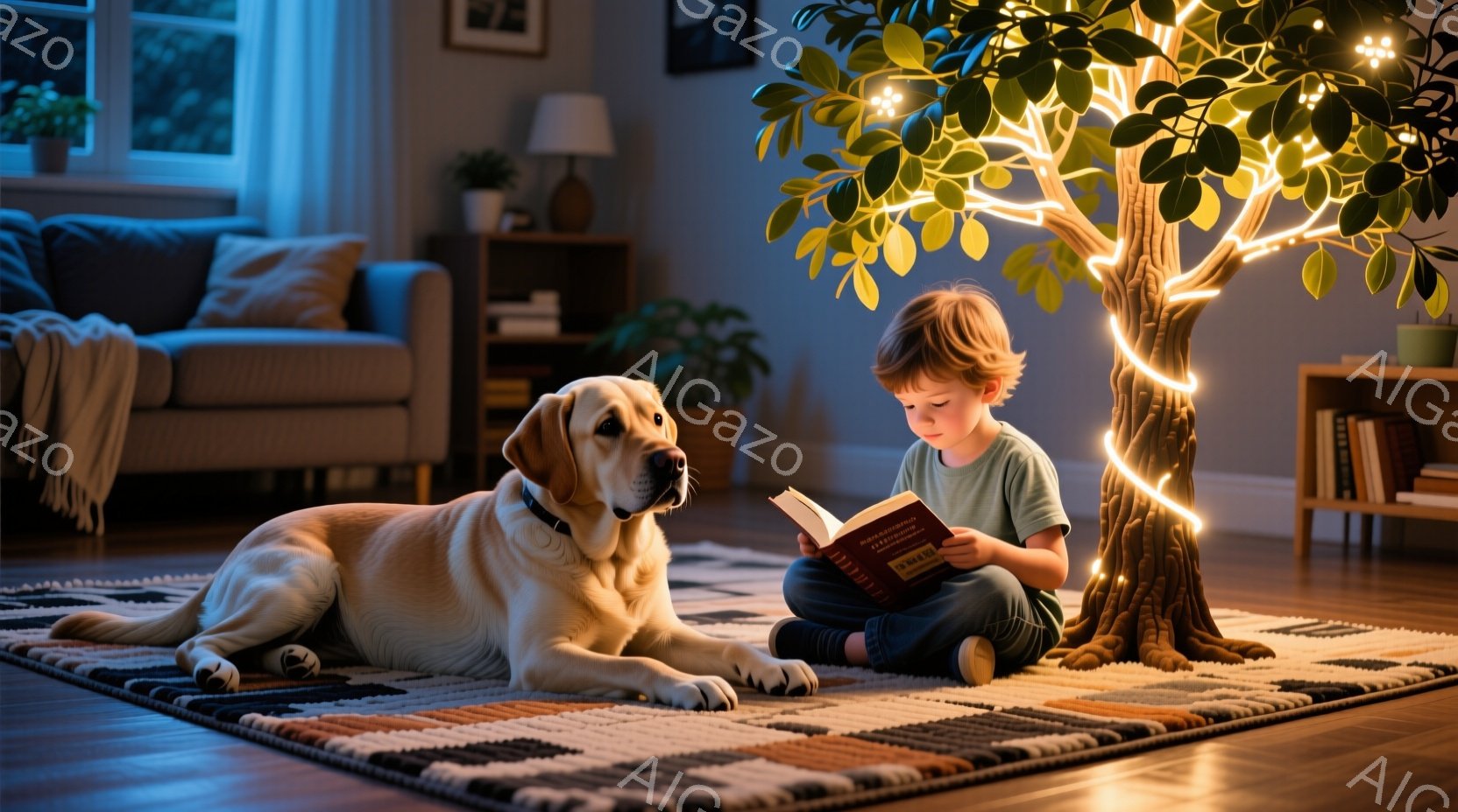 少年は床に座り、膝を曲げて本を読んでいます。彼は緑色のTシャツと濃い色のズボンを着用し、明るい茶色の髪をしています。大きなクリーム色の犬が少年の横に横たわっており、部屋には木を模した照明と装飾が施され - AI生成フリー素材