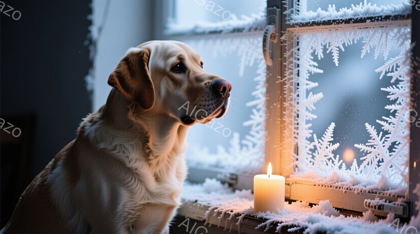 クリーム色のラブラドール・レトリバーが、霜で覆われた窓の外を物憂げに見つめている。窓辺には温かい光を放つキャンドルが置かれ、薄暗い室内を照らしている。外は雪が降り積もり、凍てつくような冬の風景が広がっている。