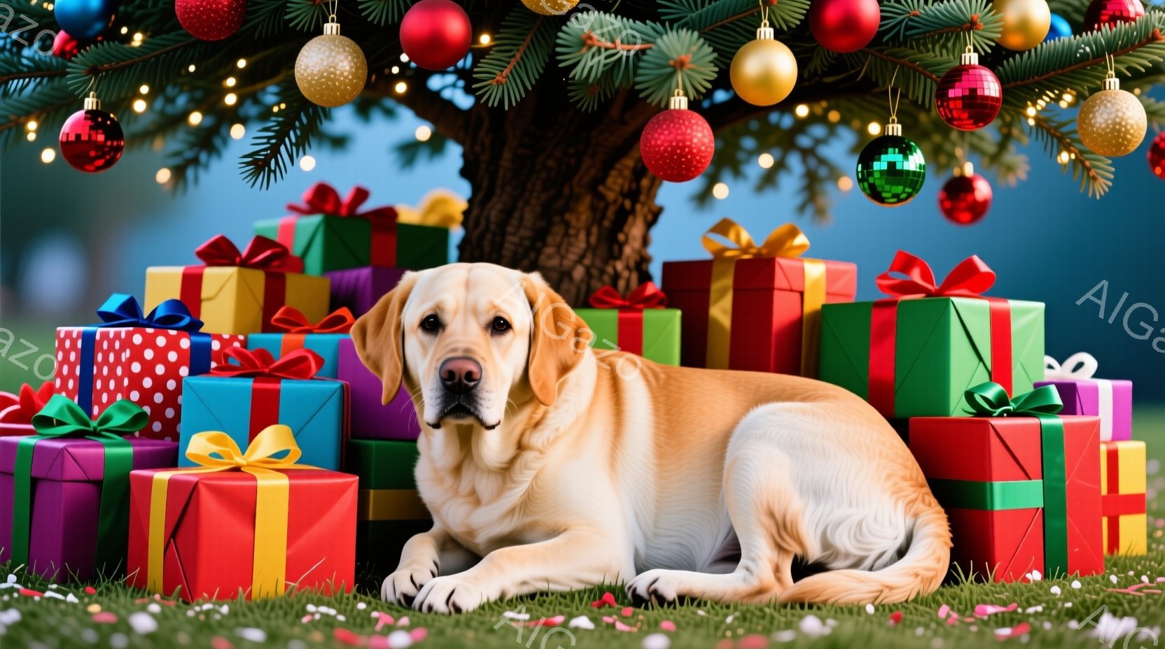 明るいクリーム色のラブラドール・レトリバーが、色とりどりのプレゼントの山の中に横たわっています。背景にはクリスマスツリーがぼんやりと見え、地面は緑の芝生で覆われ、きらびやかな紙吹雪が散らばっています。 - AI生成フリー素材