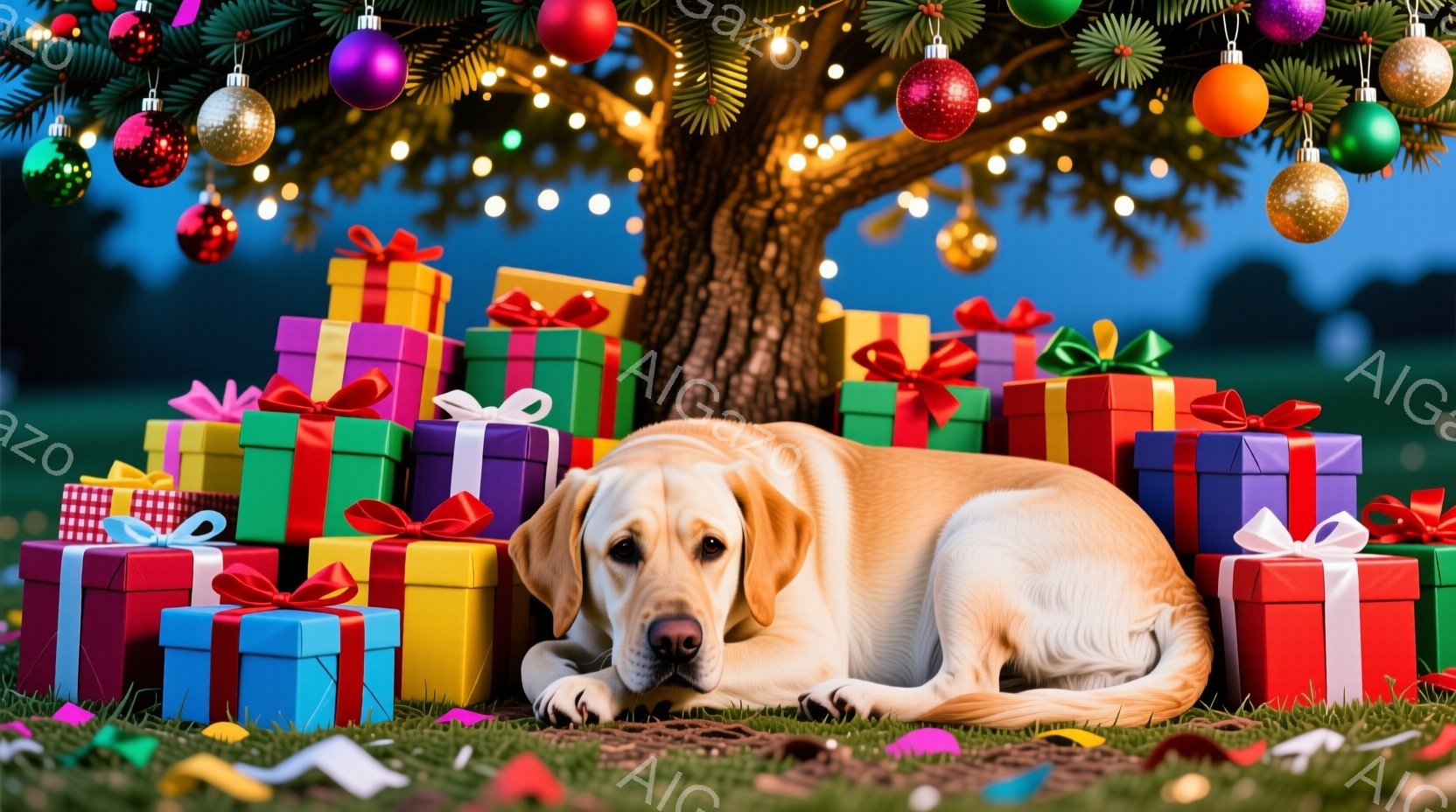 明るい緑の芝生の上に、様々な色のプレゼントが積み重ねられています。そのそばで、金色のラブレット・リトリーバーがリラックスして横たわり、穏やかな表情をしています。背景には、クリスマスツリーが光り輝き、暖 - AI生成フリー素材