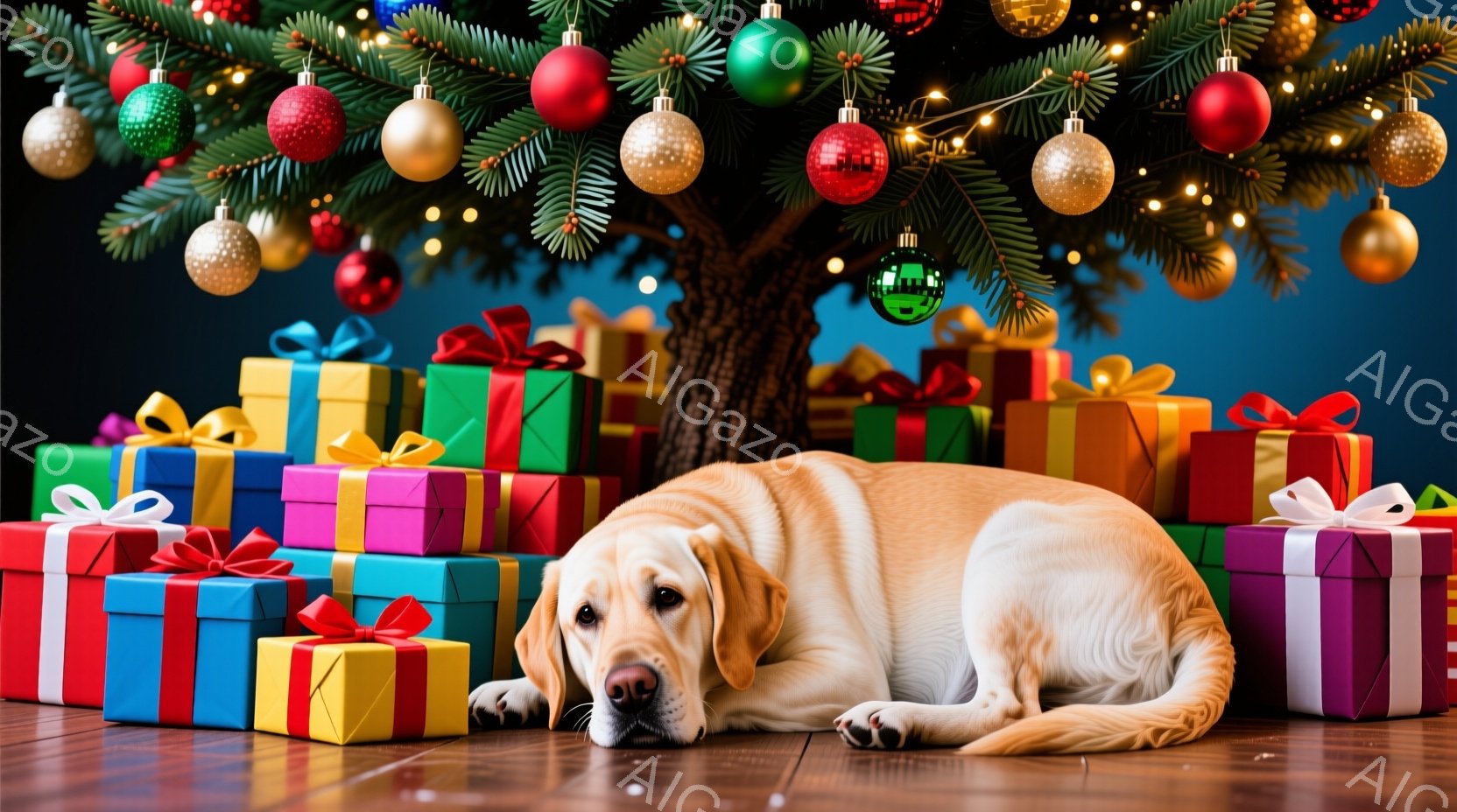 暖炉のそばにプレゼントの山があり、その前にクリーム色のラブレットが横たわっています。犬は少し憂鬱な表情で、落ち着いた姿勢でリラックスしています。背景には、装飾されたクリスマスツリーがあり、明るい光がプレゼントや犬を照らしています。