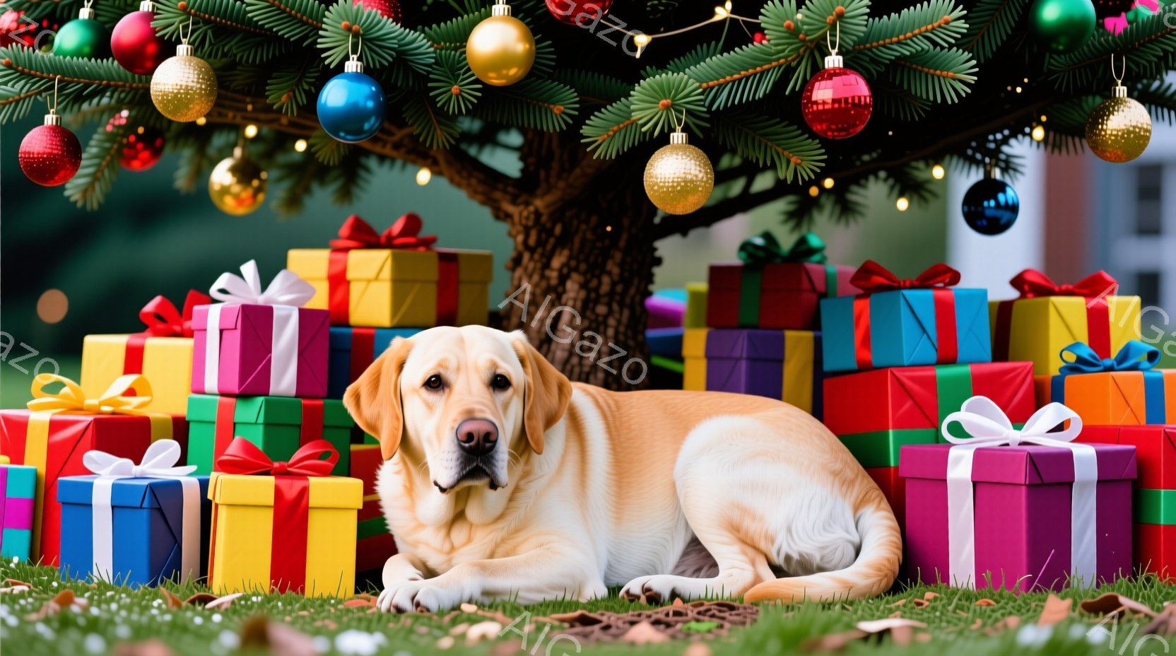 クリーム色のラブラドール・レトリバーが、色とりどりのプレゼントの山の上に横たわっています。背景にはクリスマスツリーの緑の葉と、キラキラと輝くオーナメントが見え、緑の芝生の上にプレゼントが並べられています。全体的に温かく、お祝いムードに満ちたクリスマスの雰囲気です。