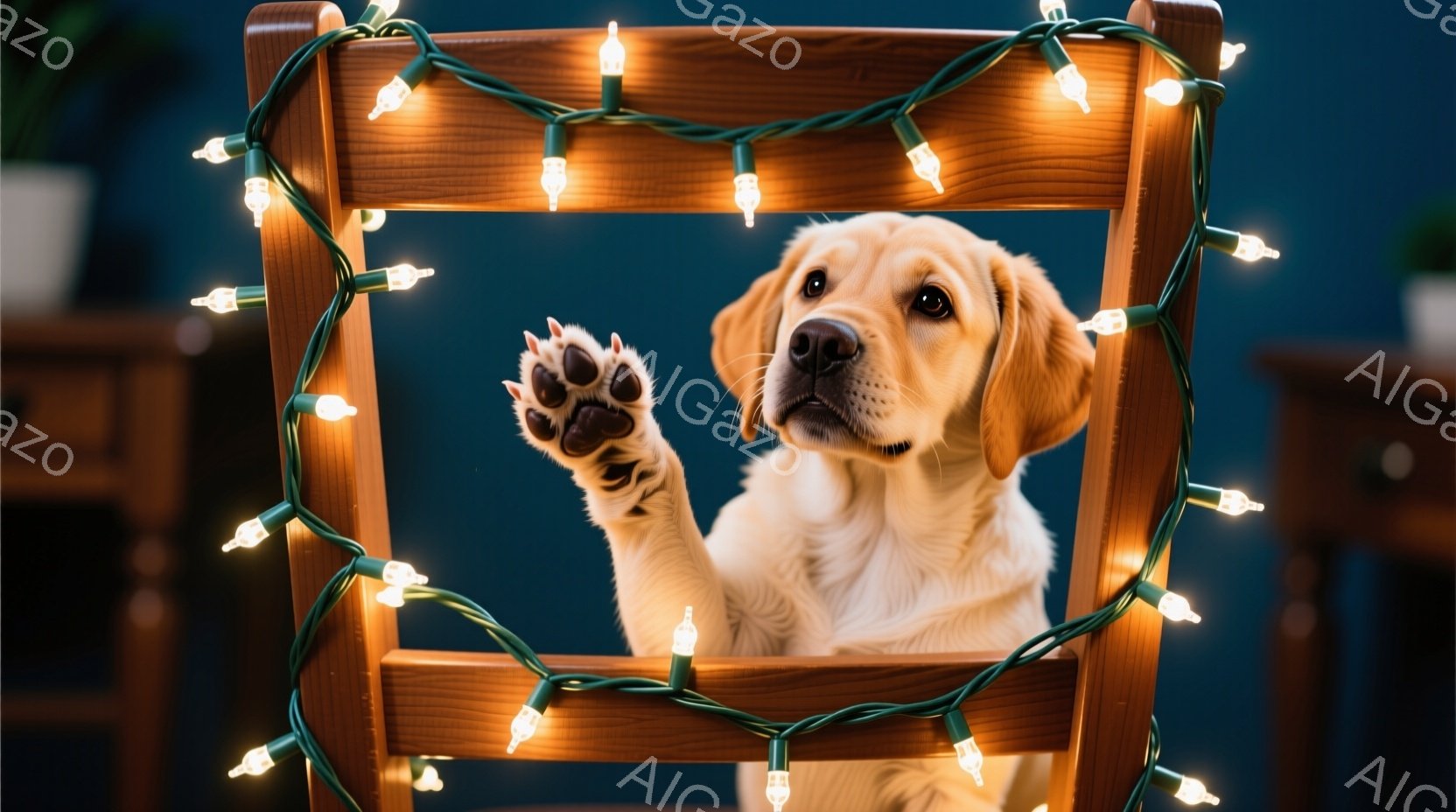 温かい光で飾られた木の椅子に、クリーム色の毛並みの子犬が座っています。前足を上げて何かを期待しているような表情で、明るい茶色の瞳が印象的です。背景は暗い色調で、暖かな光が子犬を照らし出し、穏やかで可愛 - AI生成フリー素材