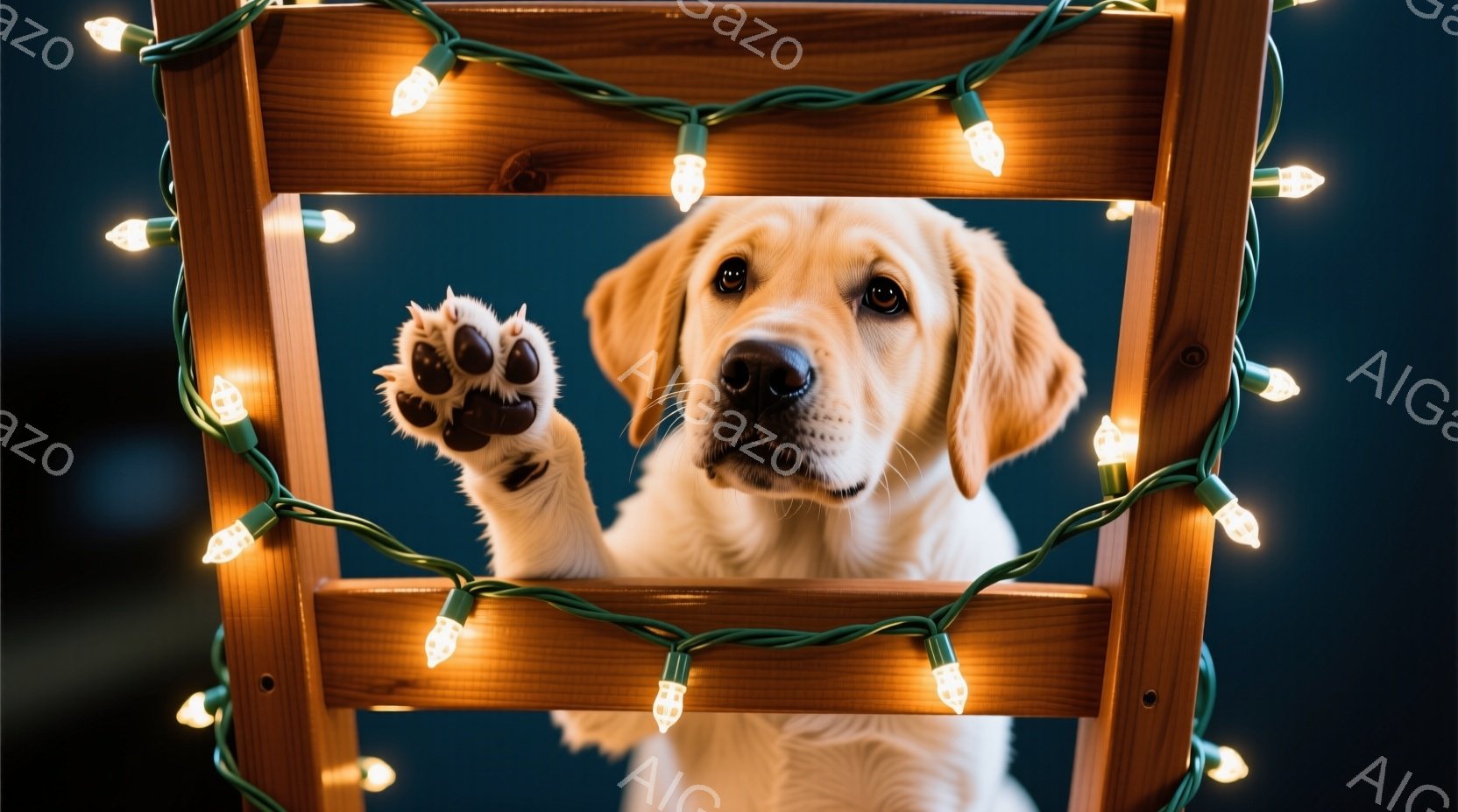明るいクリーム色の毛並みを持つゴールデンレトリバーが、茶色の木製の椅子越しに顔を出しています。前足は少し上げており、好奇心と遊び心にあふれた表情でカメラを見つめています。背景は暗く、椅子に巻き付けられ - AI生成フリー素材