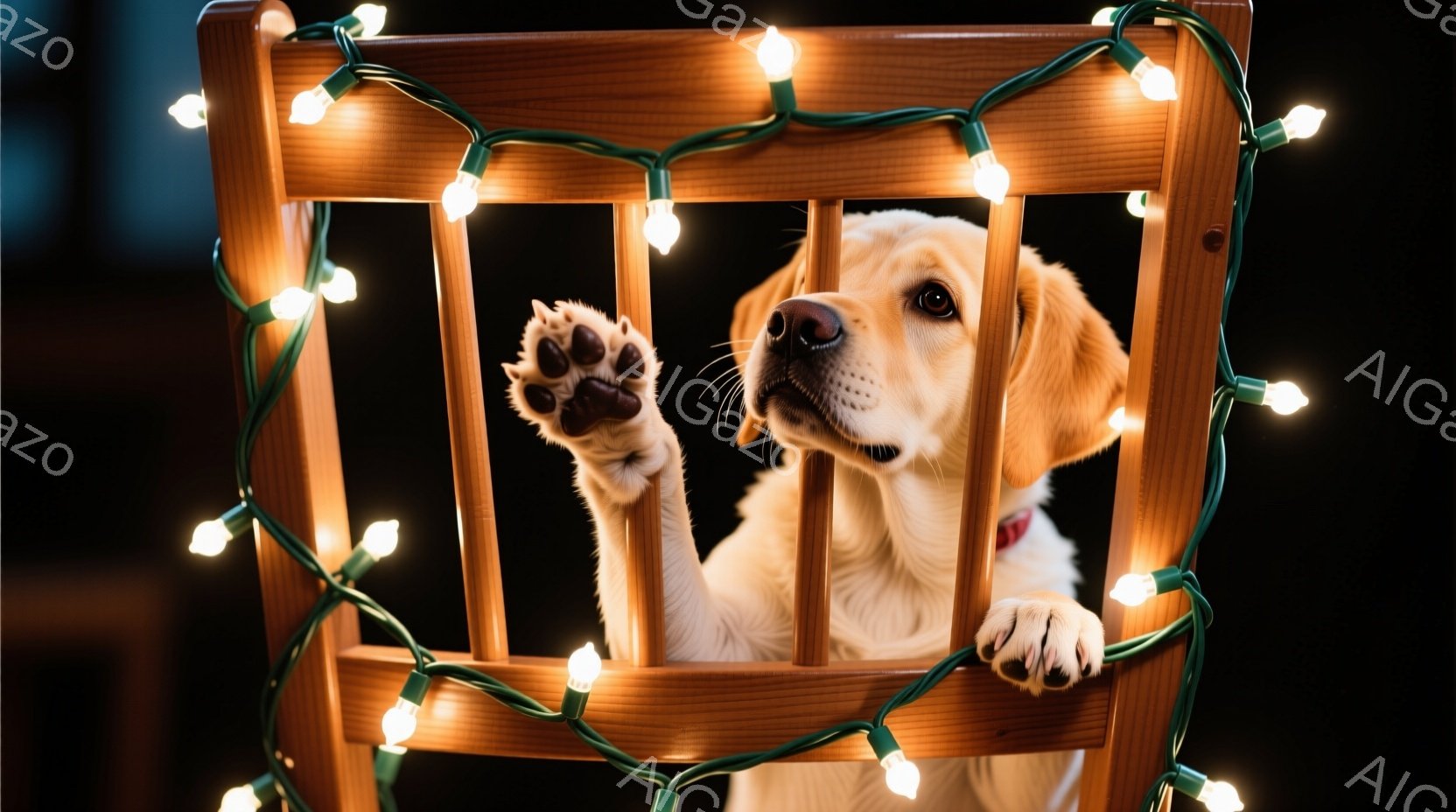 明るい茶色の犬が木の椅子の背もたれに前足をかけて座っています。犬は少し上向きに顔を上げ、好奇心と遊び心のある表情をしています。背景は暗く、椅子は温かみのある白いクリスマスライトで飾られ、お祭りや楽しい - AI生成フリー素材