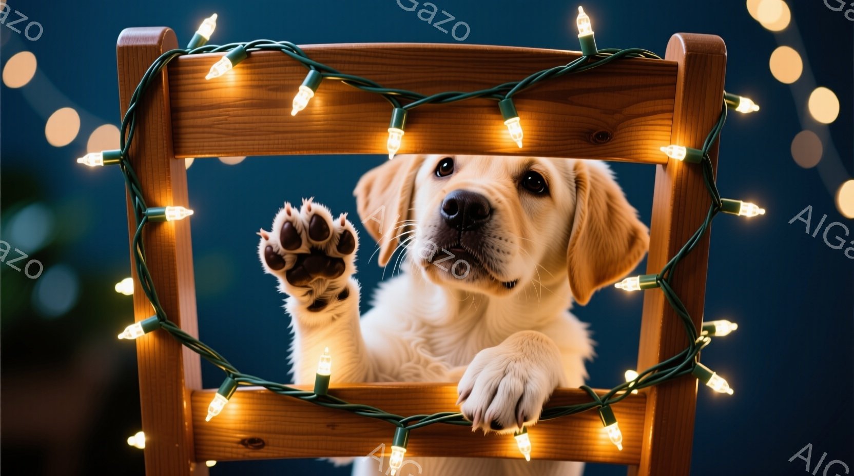 白い毛並みの幼いラブラドール・レトリバーが、クリスマスライトで飾られた木製の椅子の背もたれに前足をかけ、こちらを見つめている。その表情は少しいたずらっぽく、可愛らしい印象を与える。背景は暗く、ぼやけた光の粒が散りばめられており、温かく、お祝いムードを演出している。