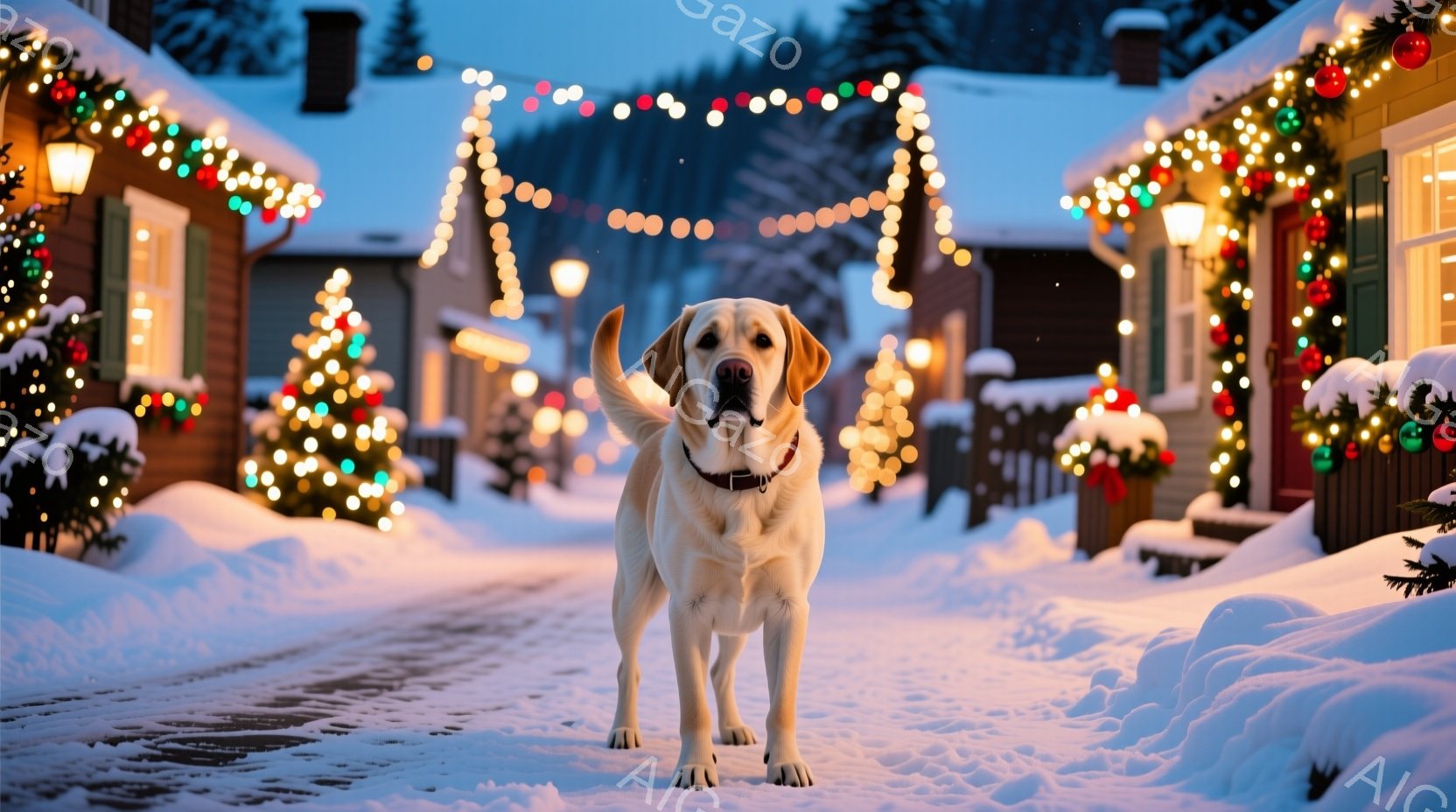 白いラブラドールレトリバーが雪に覆われた道の中央で正面を向いて立っています。背景にはクリスマスイルミネーションで飾られた可愛らしい家々が並び、雪が降る冬の夜の温かく幻想的な雰囲気を醸し出しています。犬は落ち着いた表情で、穏やかで平和な光景に調和しています。