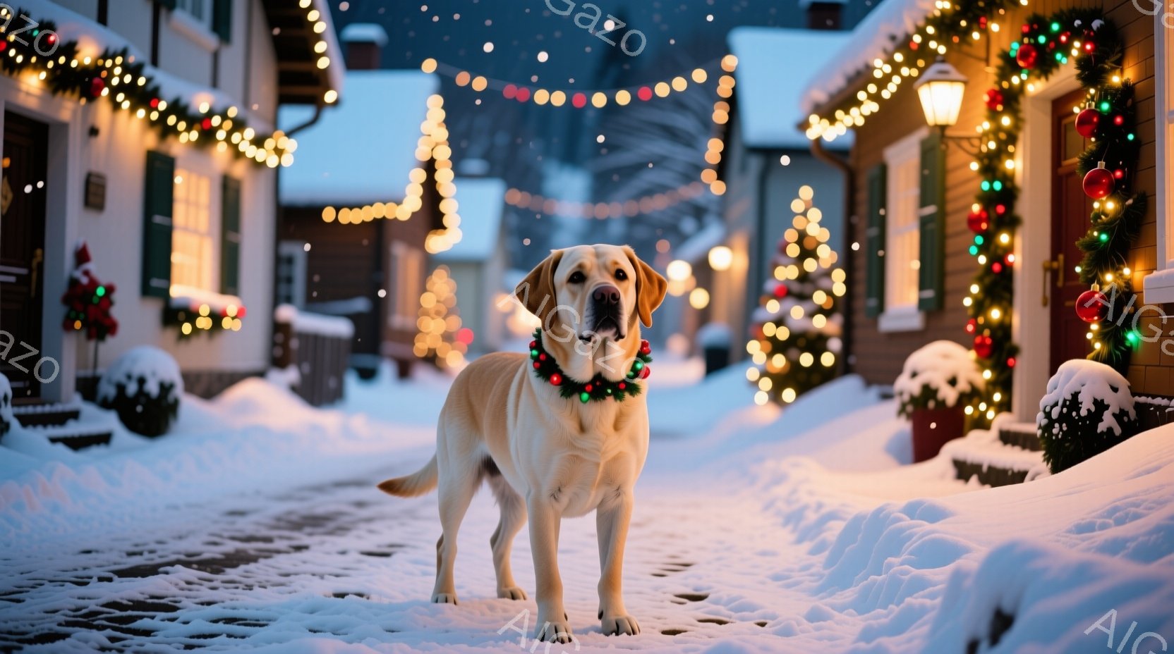 白いラブラドール・レトリバーが雪で覆われた道路の中央に立っており、首には赤いリボンと緑色の装飾が巻かれています。背景には、クリスマスライトで飾られた家々が並び、雪が降り積もった庭には装飾された植物が配置されています。全体として、暖かく、お祝いの雰囲気が漂う、冬のクリスマスの光景です。