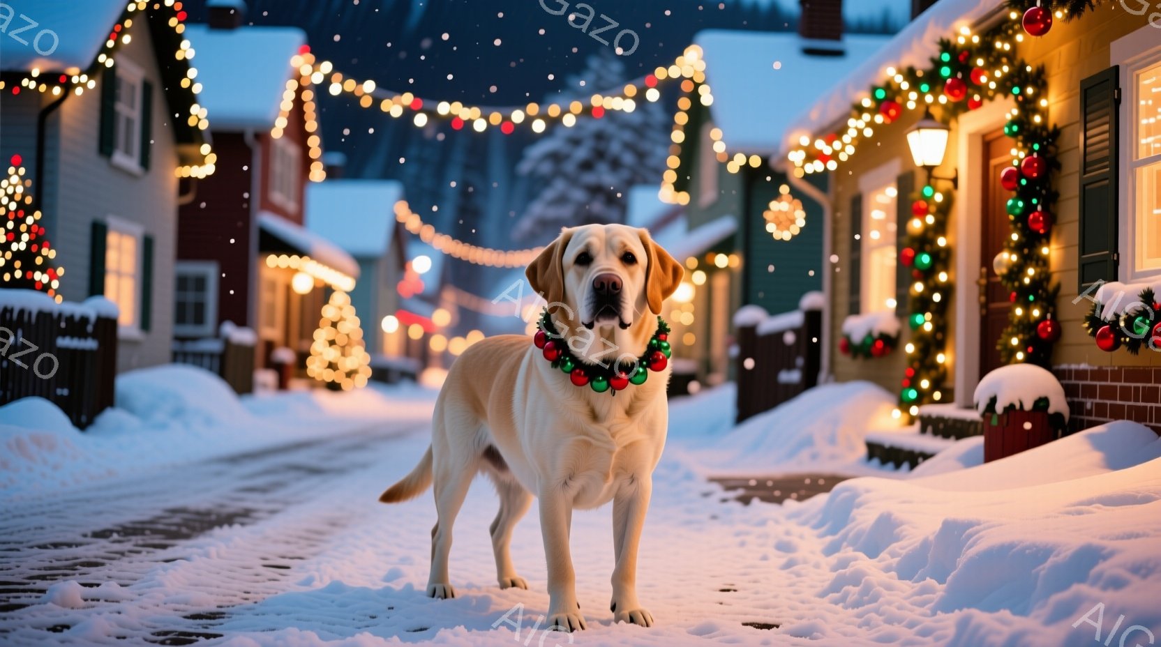 白いラブラドール・レトリバーが、クリスマスの飾り付けがされた住宅街の雪道で正面を向いて立っている。首には赤と緑のガーランドが巻かれ、雪に覆われた道路と、クリスマスツリーや電飾で飾られた家々が背景に広がっている。全体的に暖かく、お祝いムードにあふれた冬の光景である。