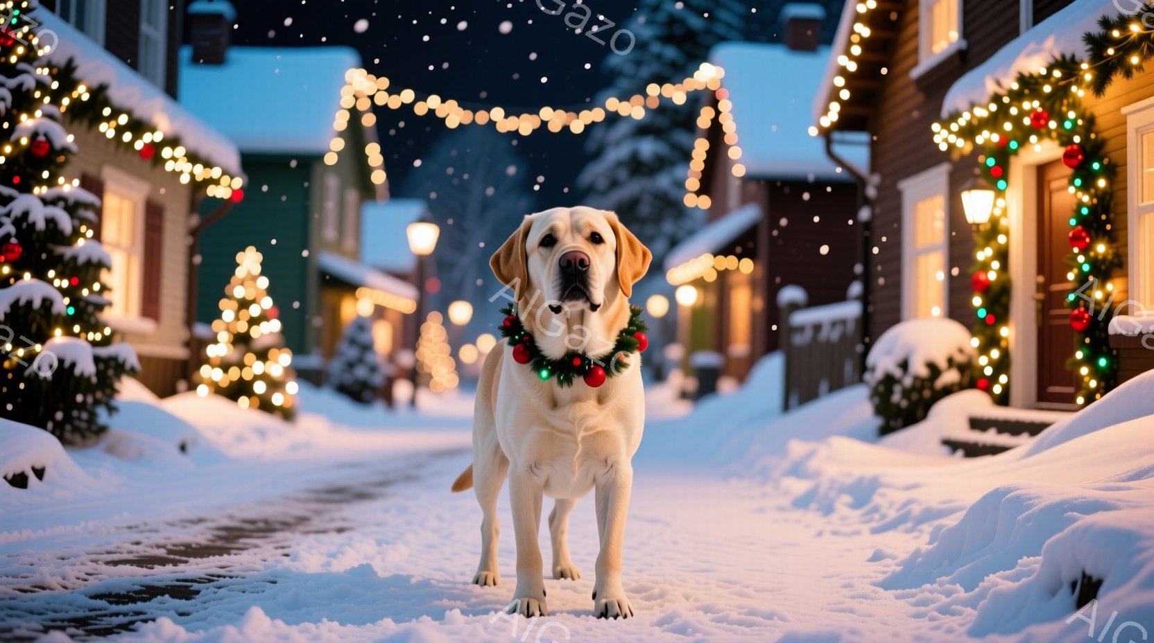 雪が降り積もる住宅街の道に、クリーム色のラブラドール・レトリバーが立っている。首には赤いリボンと緑色の飾りがついた首輪が巻かれており、正面を見て穏やかな表情を見せている。背景にはクリスマスツリーやイルミネーションで飾られた家々が並び、温かく幻想的な冬の雰囲気を醸し出している。