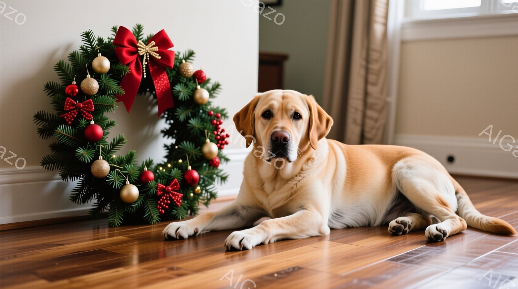 優しいクリーム色のラブラドール・レトリバーが木の床に横たわっています。背景には、赤いリボンと装飾が施されたクリスマスリースが飾られた白い壁があります。全体的に暖かく、穏やかなクリスマスの雰囲気が漂っています。