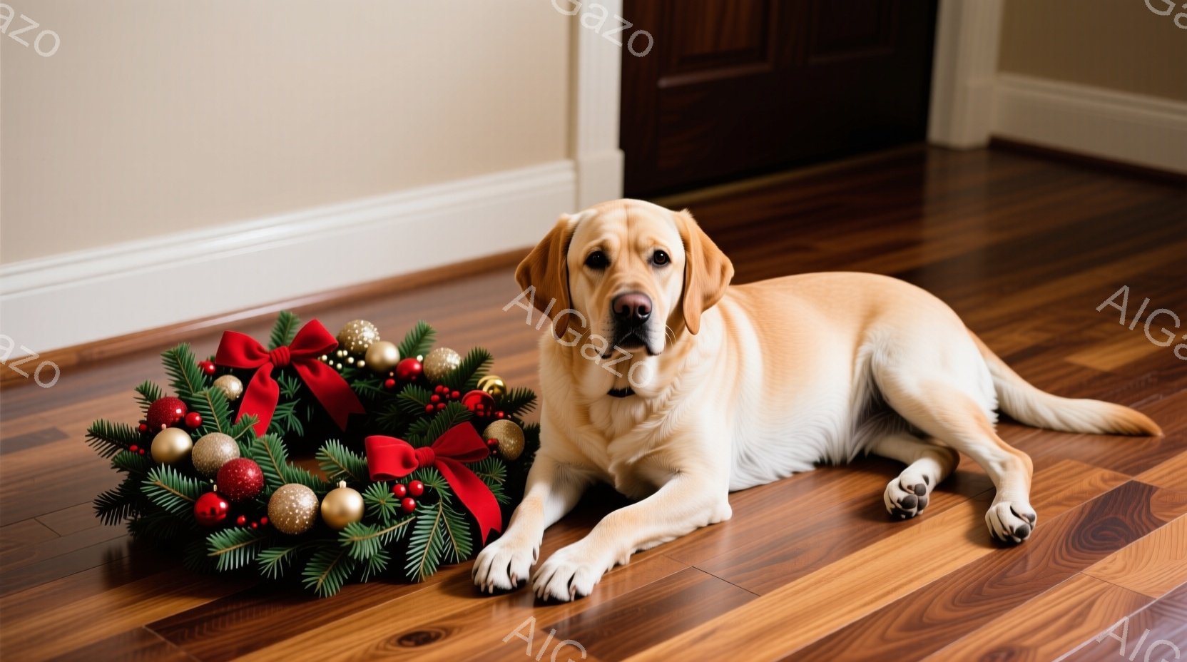 明るい茶色のラブラドール・レトリバーが、木の床に横たわっています。その隣には、赤いリボンと金色のオーナメントで飾られたクリスマスリースが置かれています。犬はリラックスした表情で、穏やかな雰囲気を醸し出しています。