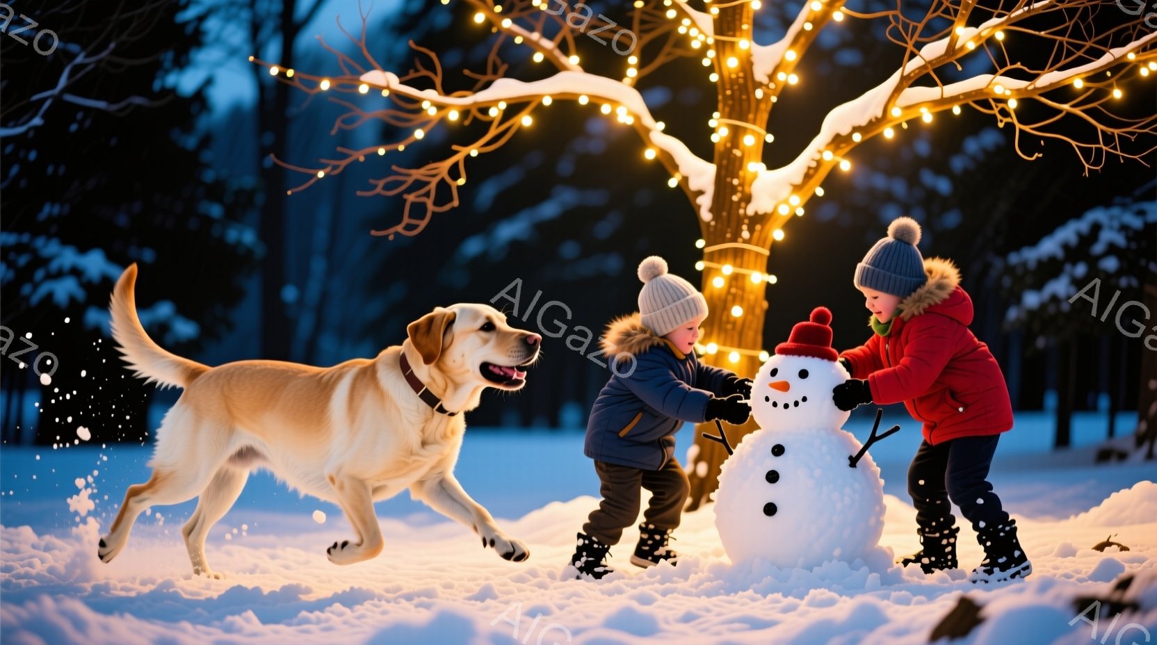 雪景色の中で、二人の子供と一匹の犬が雪だるまを作っています。子供たちは冬の帽子と厚手のコートを着ており、笑顔で雪だるまの顔を作っています。背景には、キラキラと輝く電飾で飾られた木々があり、穏やかで暖か - AI生成フリー素材