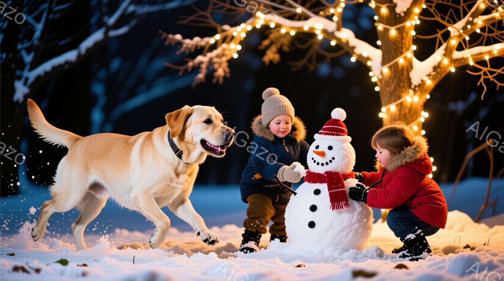 雪景色の中で、少年と少女が雪だるまを作っている。少年は青いジャケットに帽子をかぶり、雪だるまの顔を仕上げている。少女は赤いジャケットを着て、雪だるまにスカーフを巻き付けている。背景には光るイルミネーシ - AI生成フリー素材