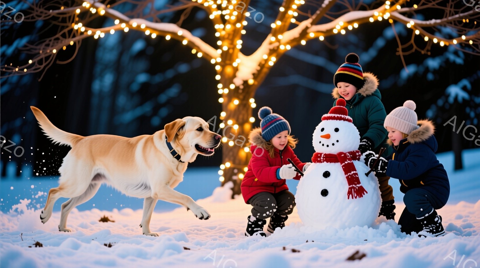 雪景色の中で、二人の子供と一匹の犬が雪だるまを作っています。子供たちは冬の帽子、厚手のジャケット、そして雪の中で遊ぶのに適した服装をしています。背景には、イルミネーションで飾られた木々と雪が舞う冬の風 - AI生成フリー素材